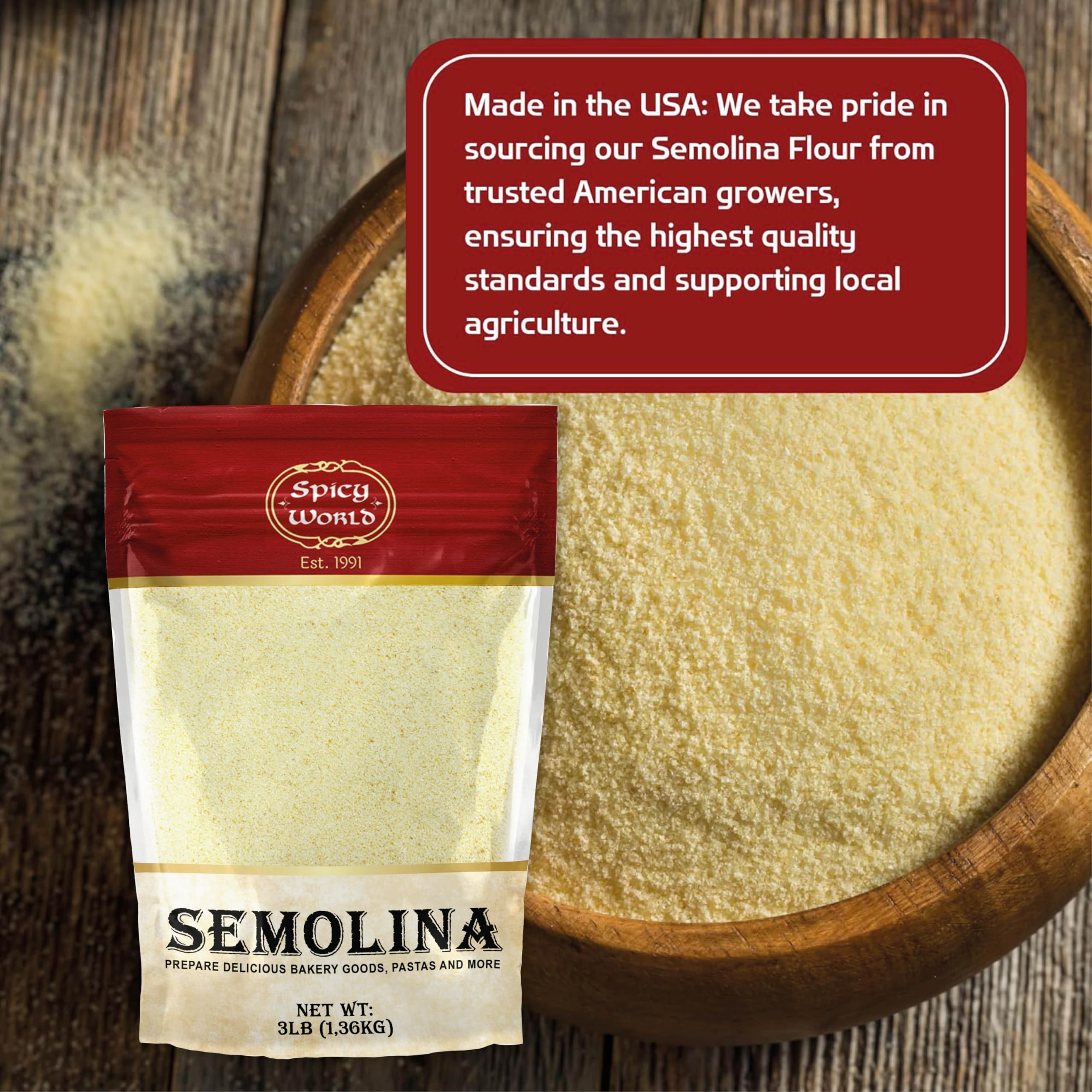 Spicy World USA-grown semolina flour sourced from American farmers.