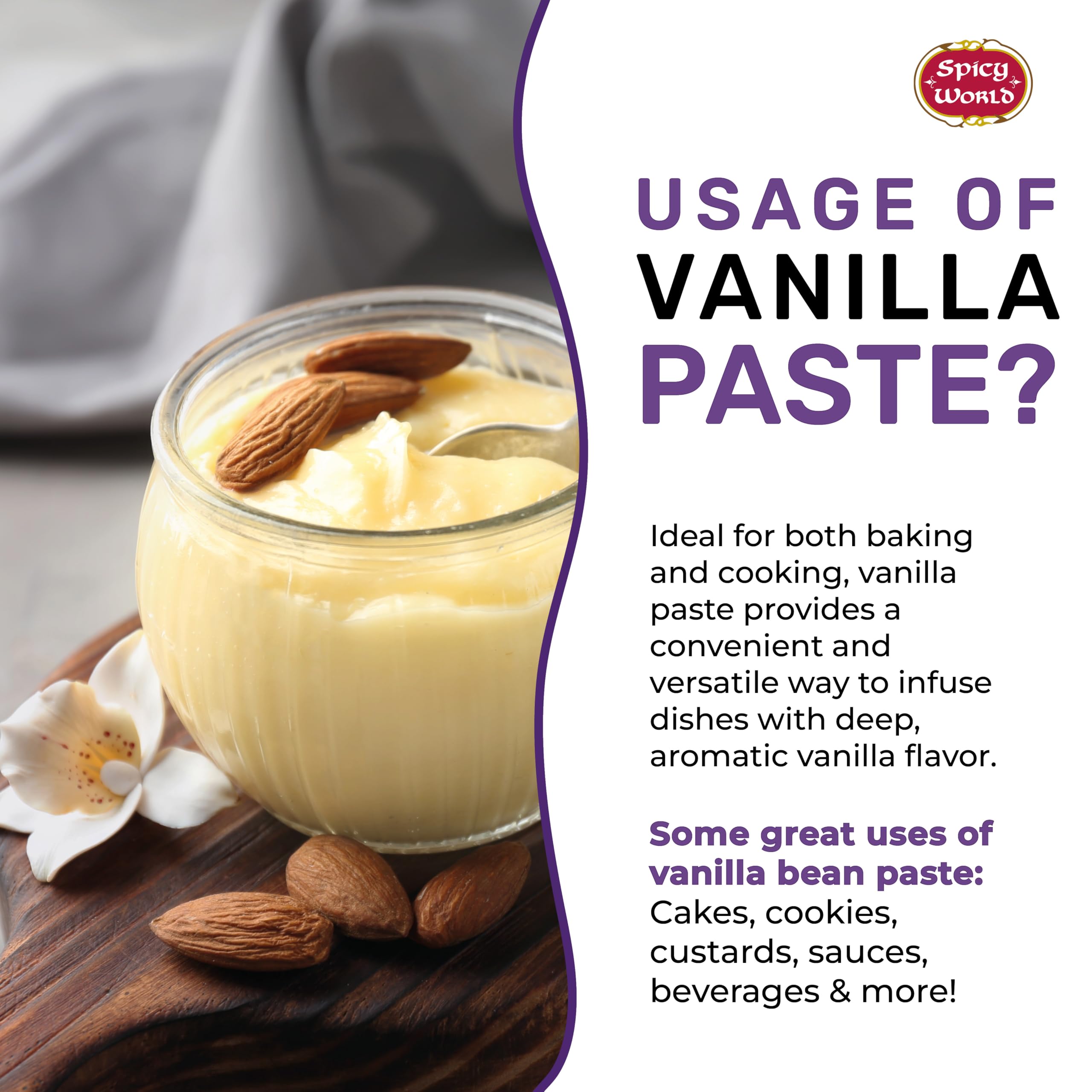 Spicy World Vanilla Bean Paste glass-jar showcases elegant packaging for pantry ready spice.