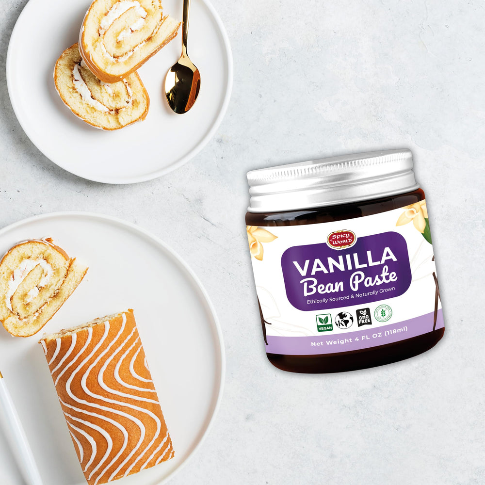 Spicy World Vanilla Bean Paste ingredient-spot with agave bottle highlights natural ingredients.