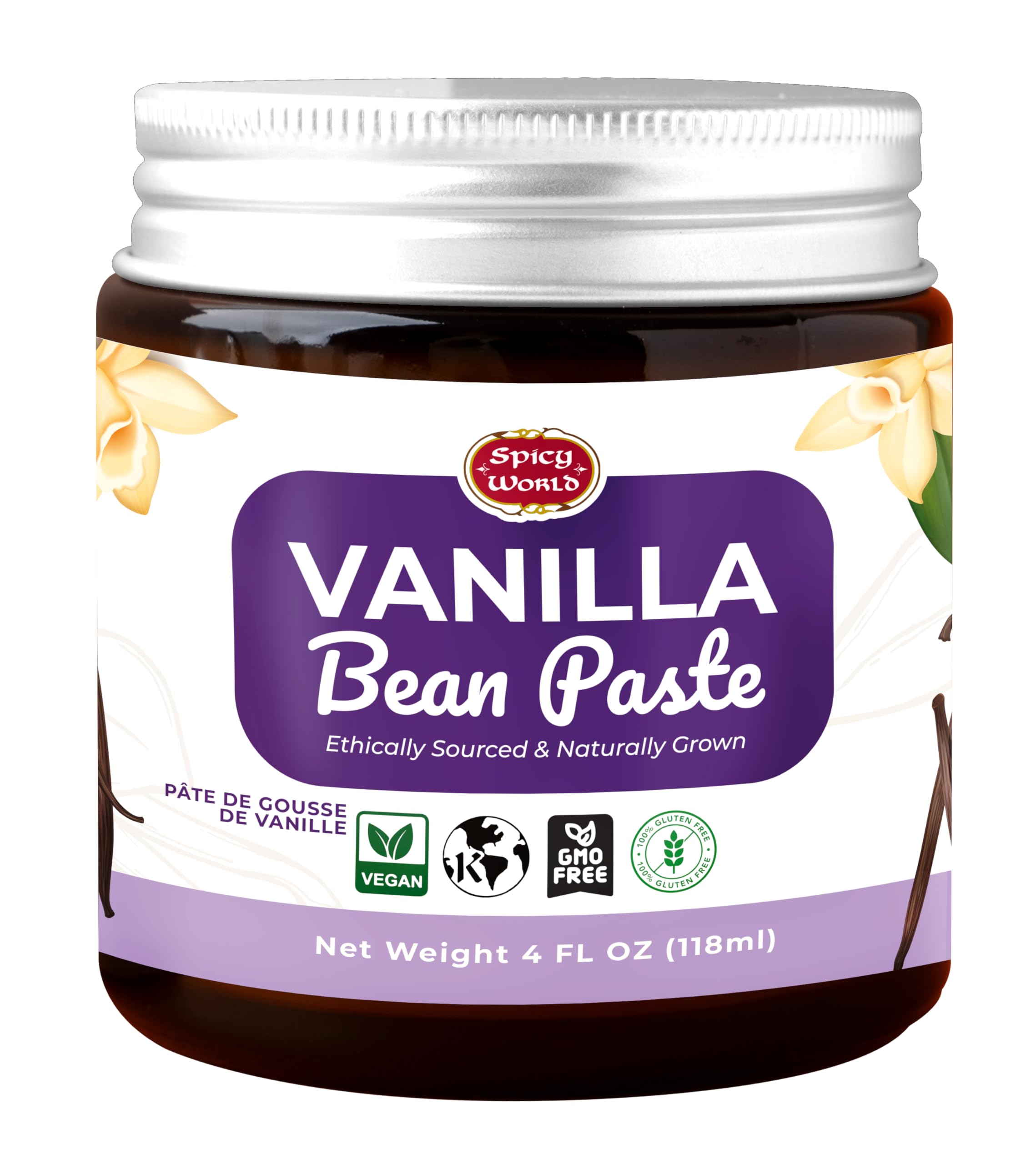 Spicy World Vanilla Bean Paste jar front shows rich color and real bean specks for baking.