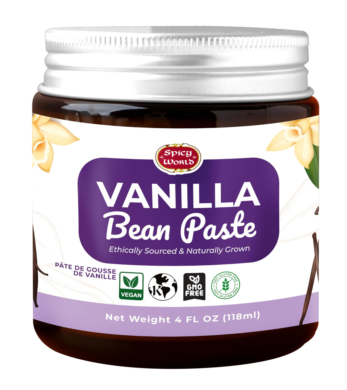 Spicy World Vanilla Bean Paste jar front shows rich color and real bean specks for baking.