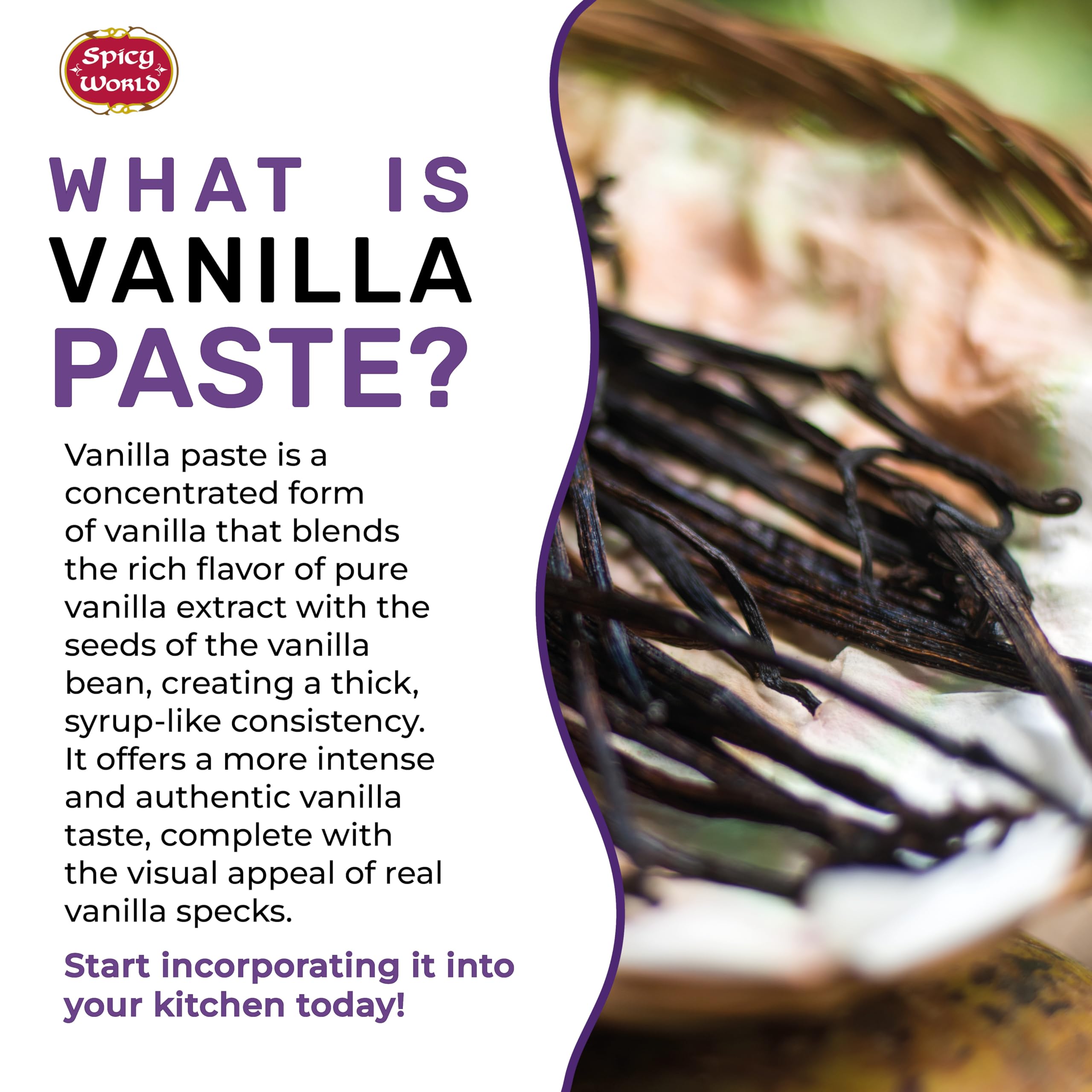Spicy World Vanilla Bean Paste label close-up emphasizes organic agave syrup ingredients.
