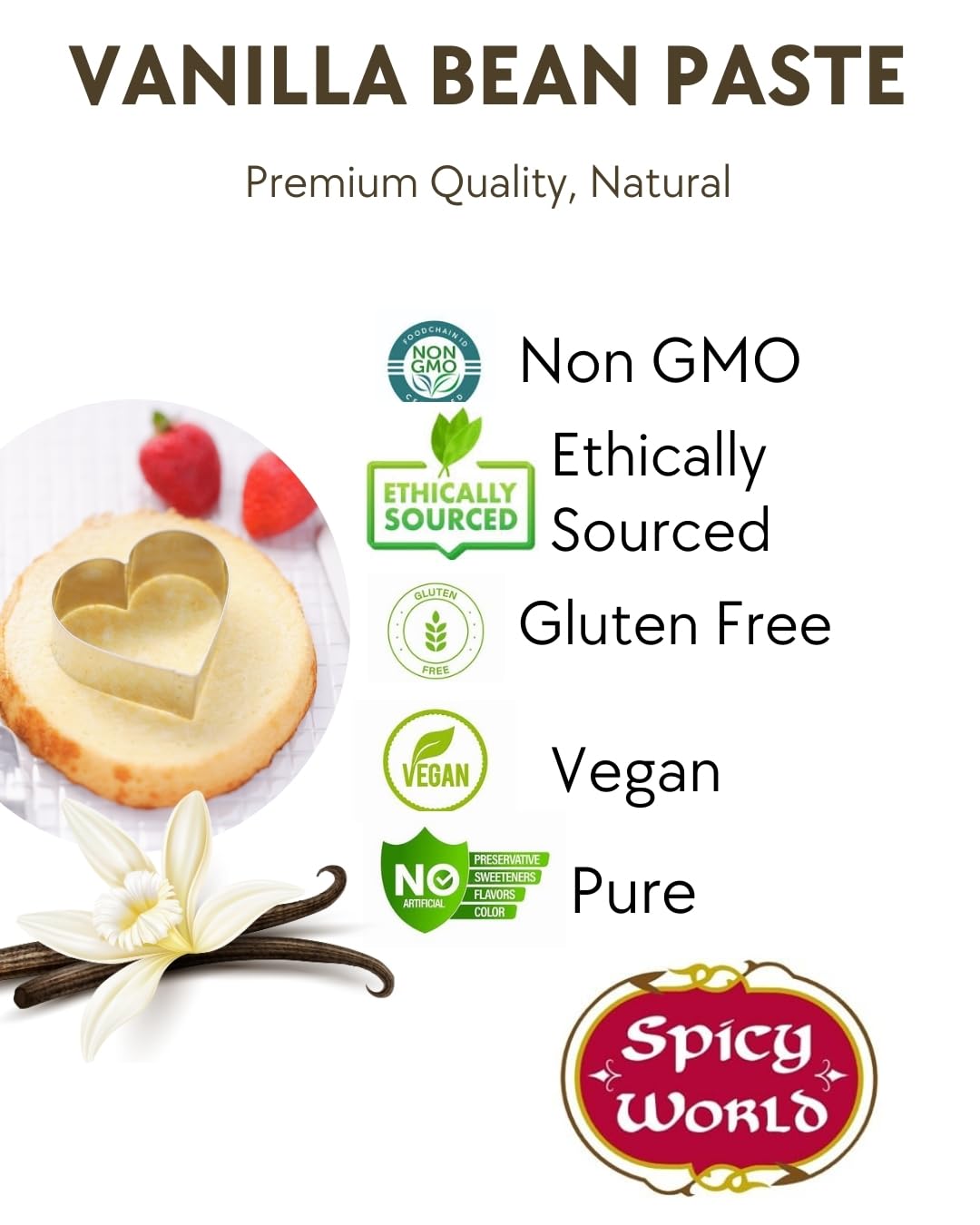 Spicy World Vanilla Bean Paste shelf-life message indicates long-lasting aroma when stored cool.