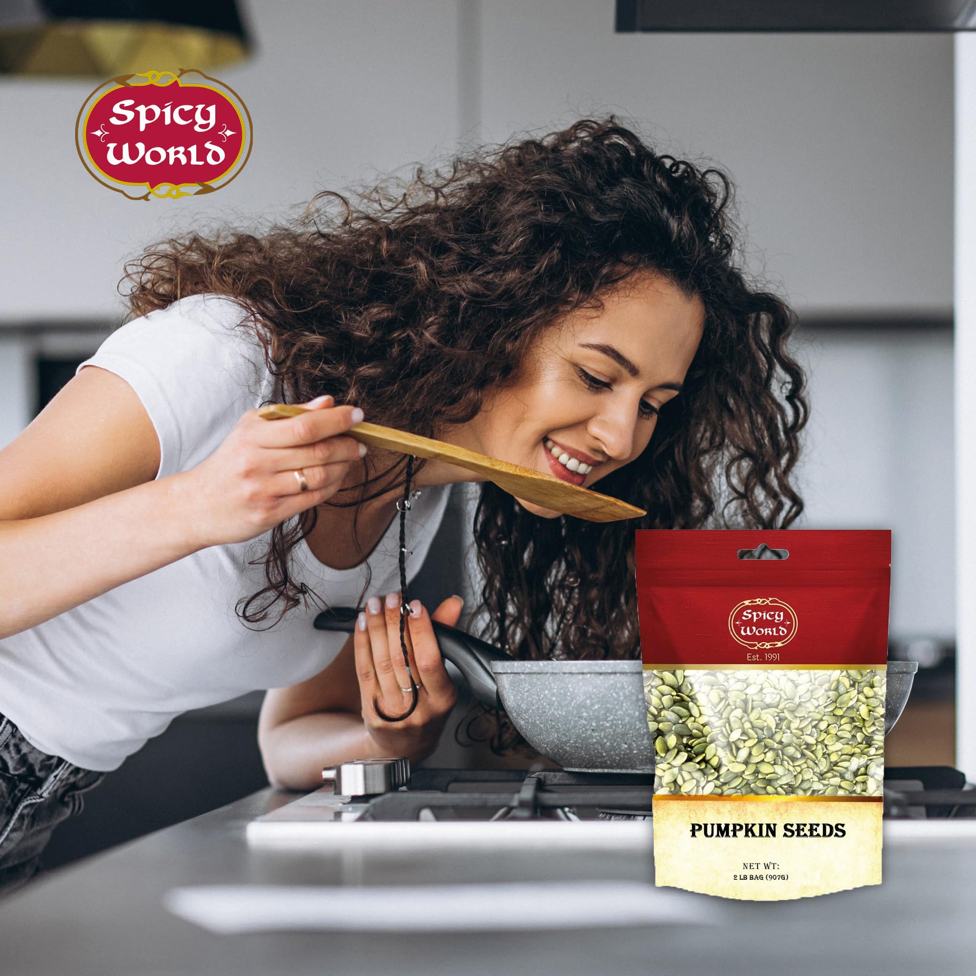 Spicy World vegan pumpkin seeds suit snack mixes and warm meals.