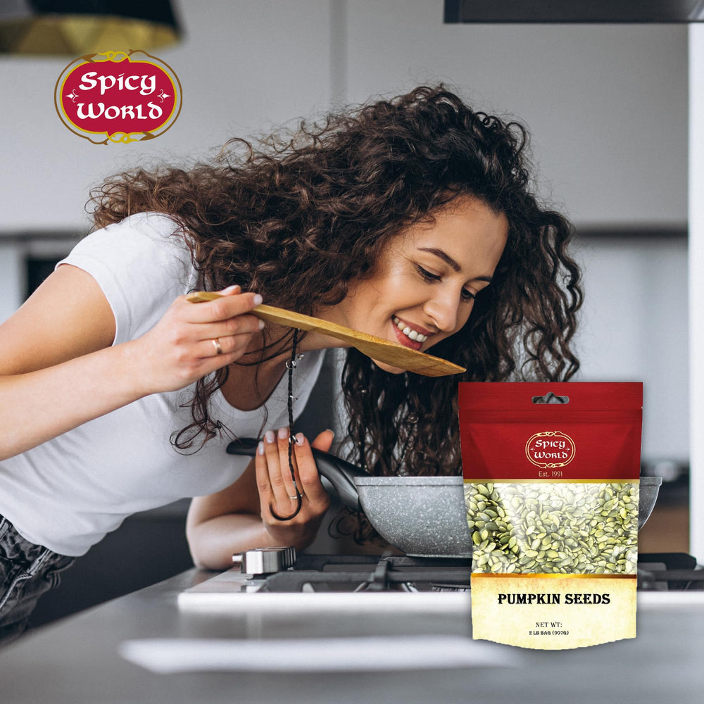Spicy World vegan pumpkin seeds suit snack mixes and warm meals.