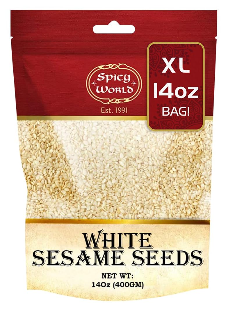 Spicy World white sesame seeds front view in bag, ideal pantry staple for baking and toppings