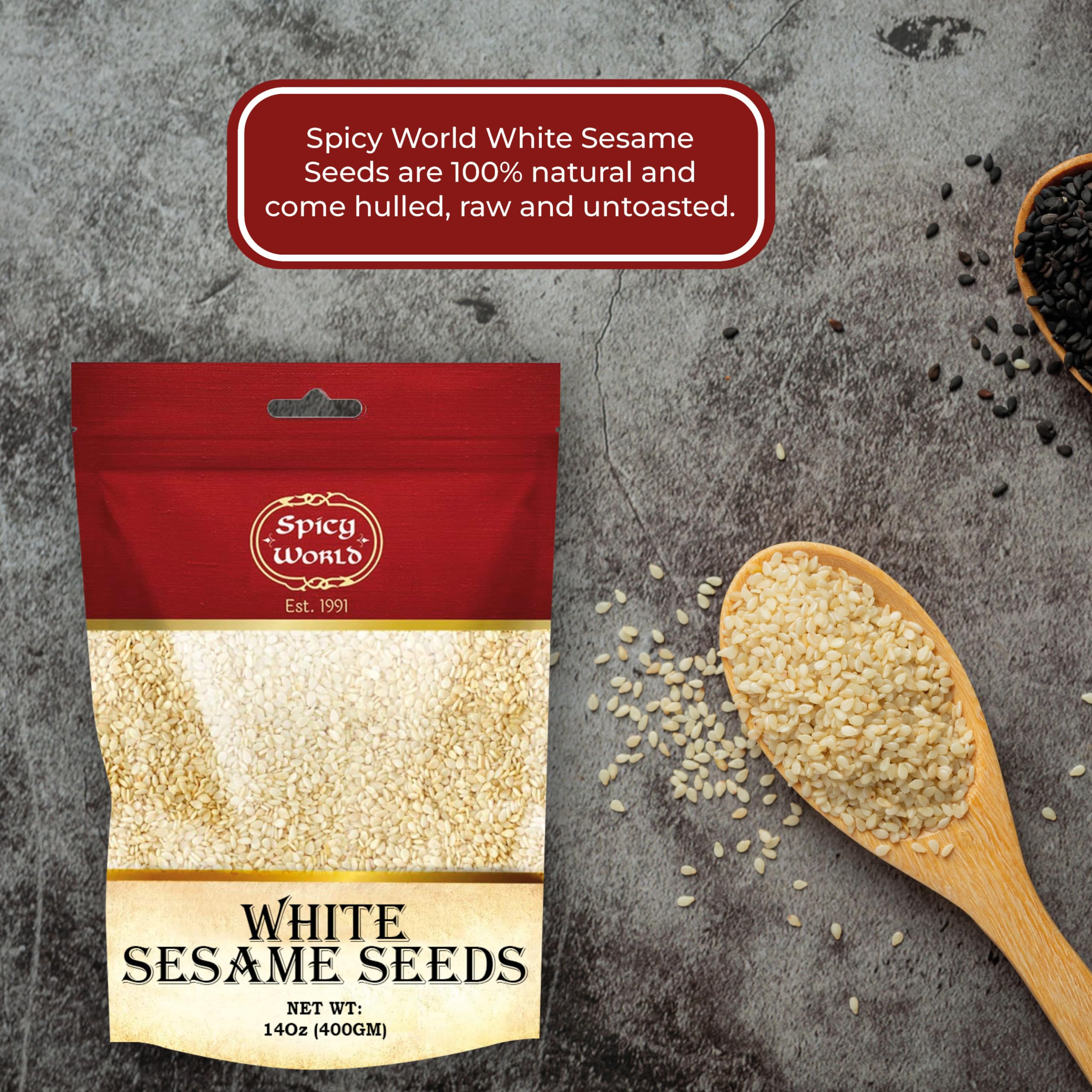Spicy World white sesame seeds stored neatly, ready to add flavor