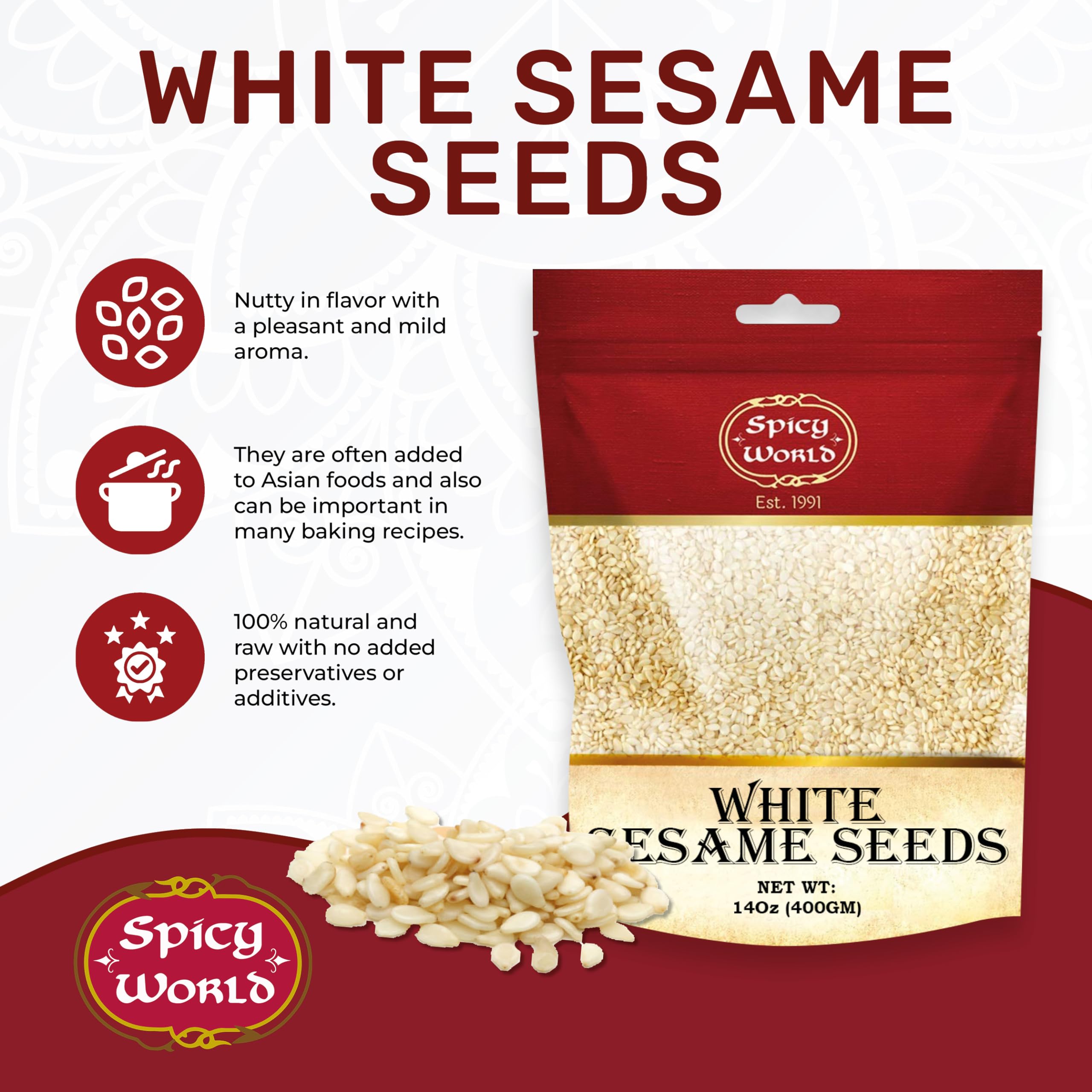Spicy World white sesame seeds close-up showing raw, hulled grains ideal for baking