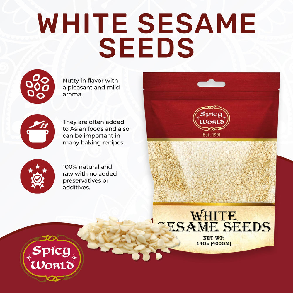 Spicy World white sesame seeds close-up showing raw, hulled grains ideal for baking