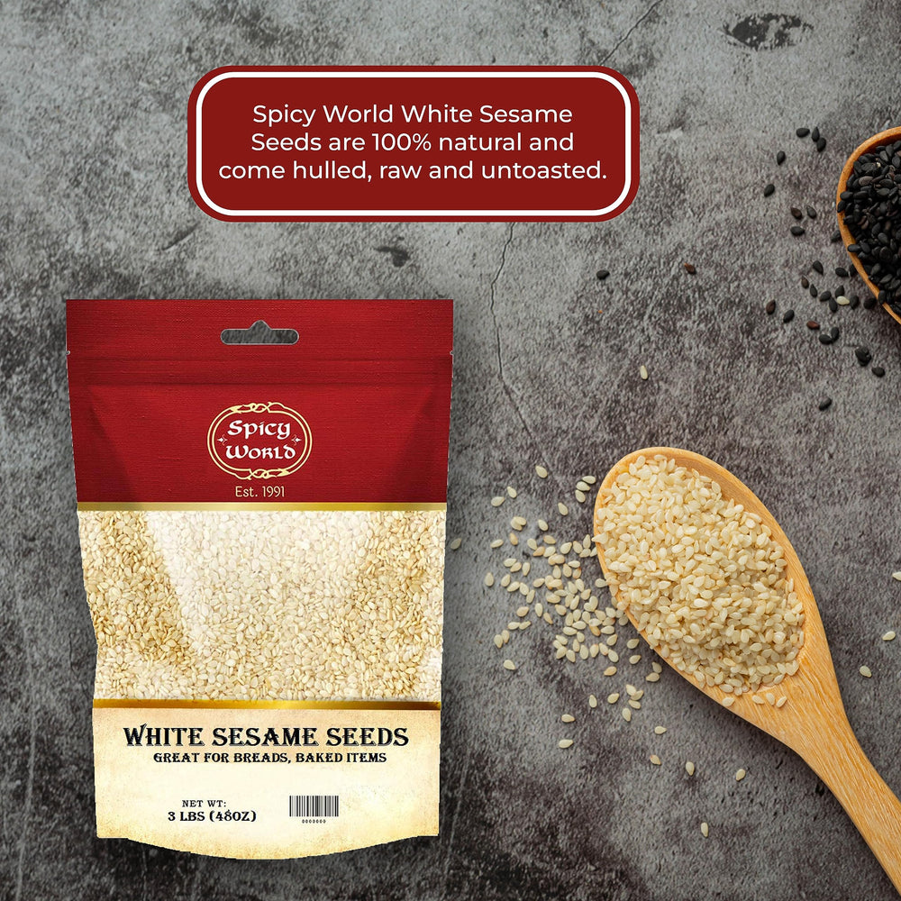 Spicy World white sesame seeds packaging label showing freshness