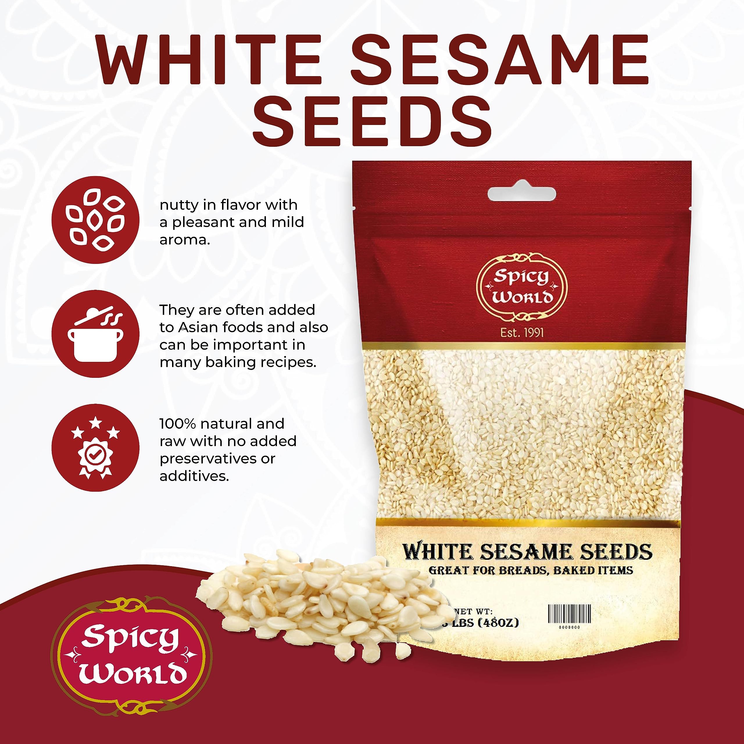 Pouring Spicy World white sesame seeds into a dish for cooking
