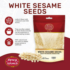 Pouring Spicy World white sesame seeds into a dish for cooking