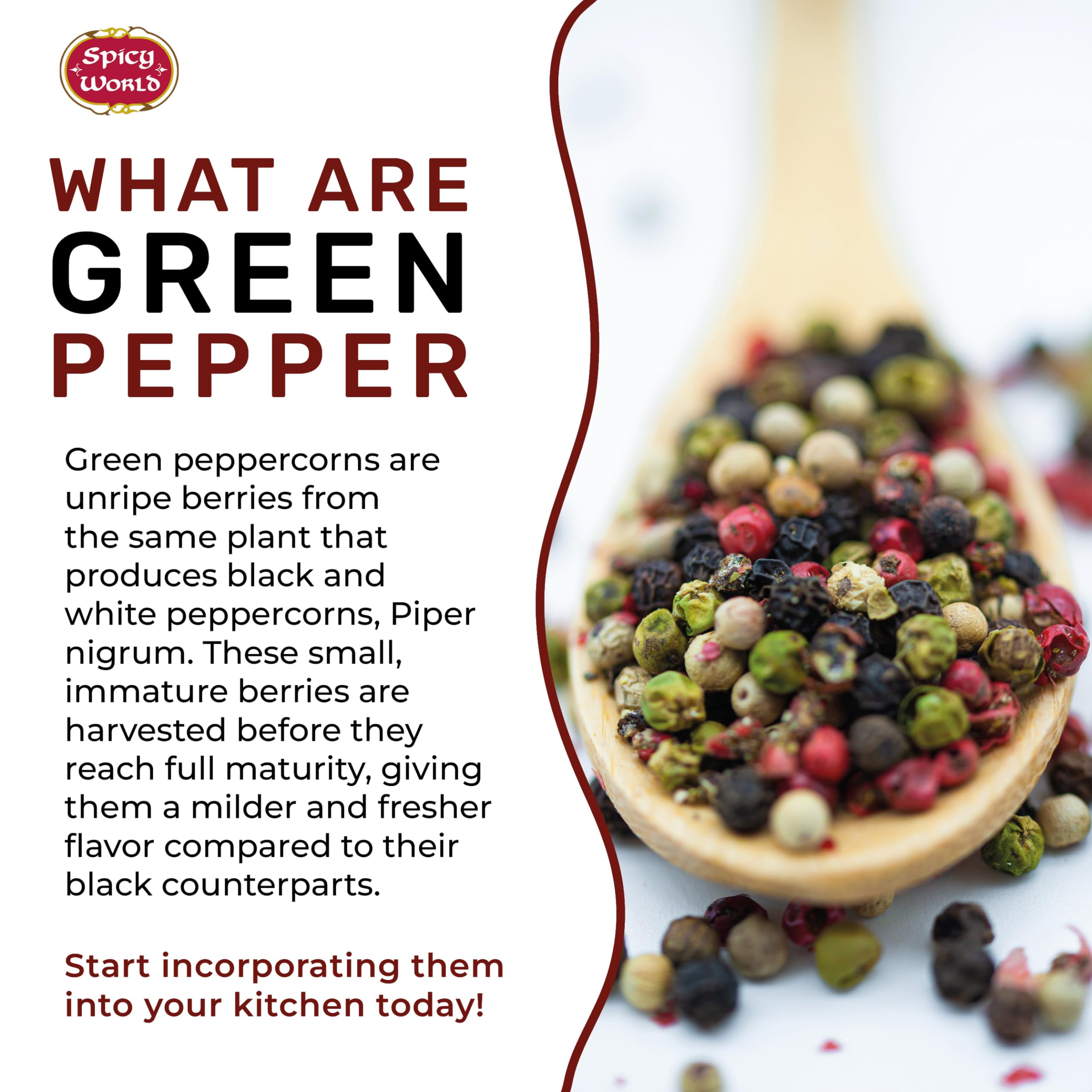 Spicy World whole green peppercorns ready to grind from your spice rack