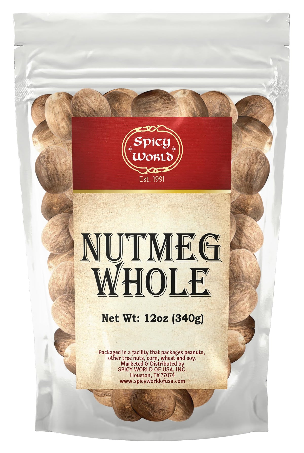 Spicy World Whole Nutmeg 12oz bag emphasizes ultra-fresh aroma for home grinding.
