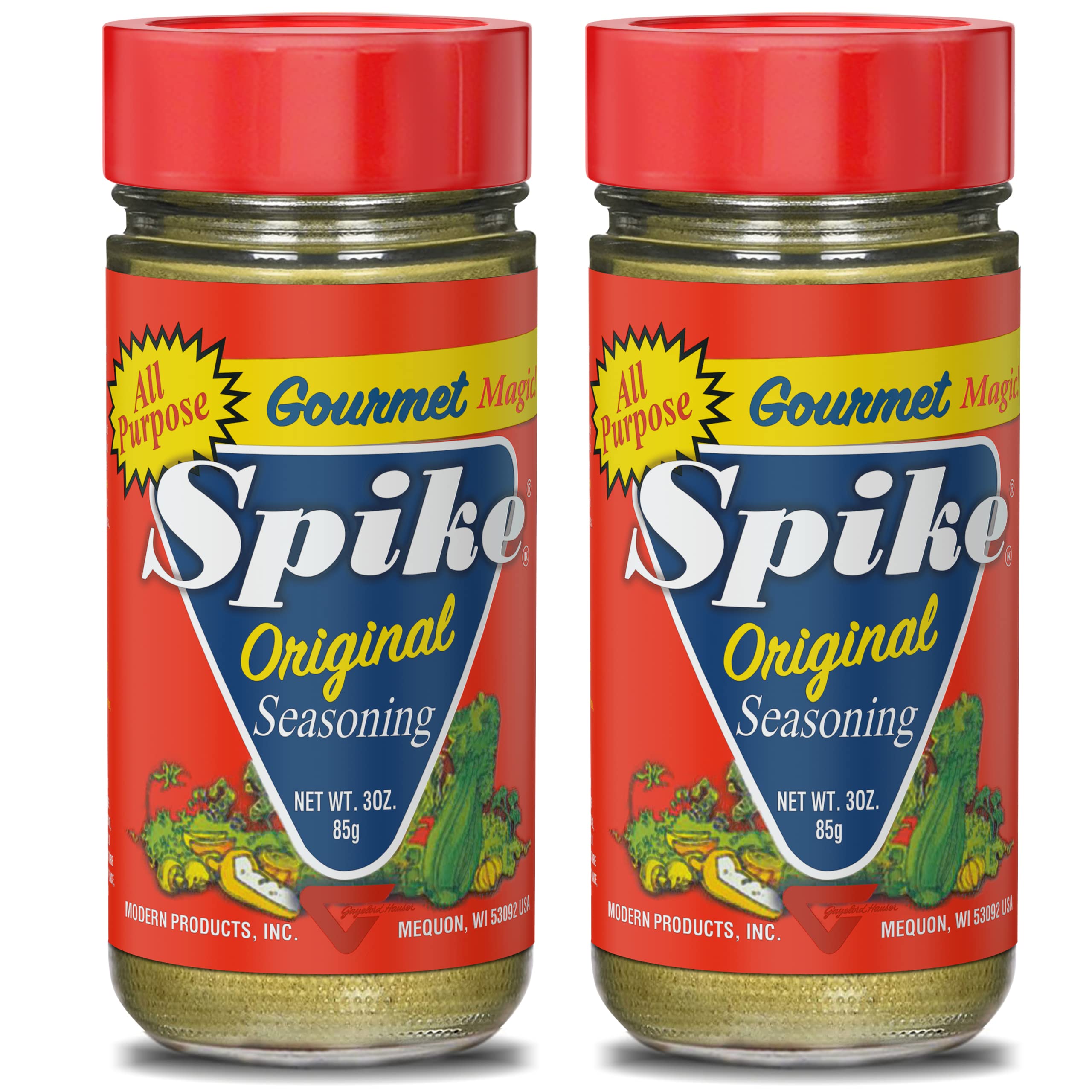 Spike Original 2-pack jar front shows versatile seasoning for many dishes