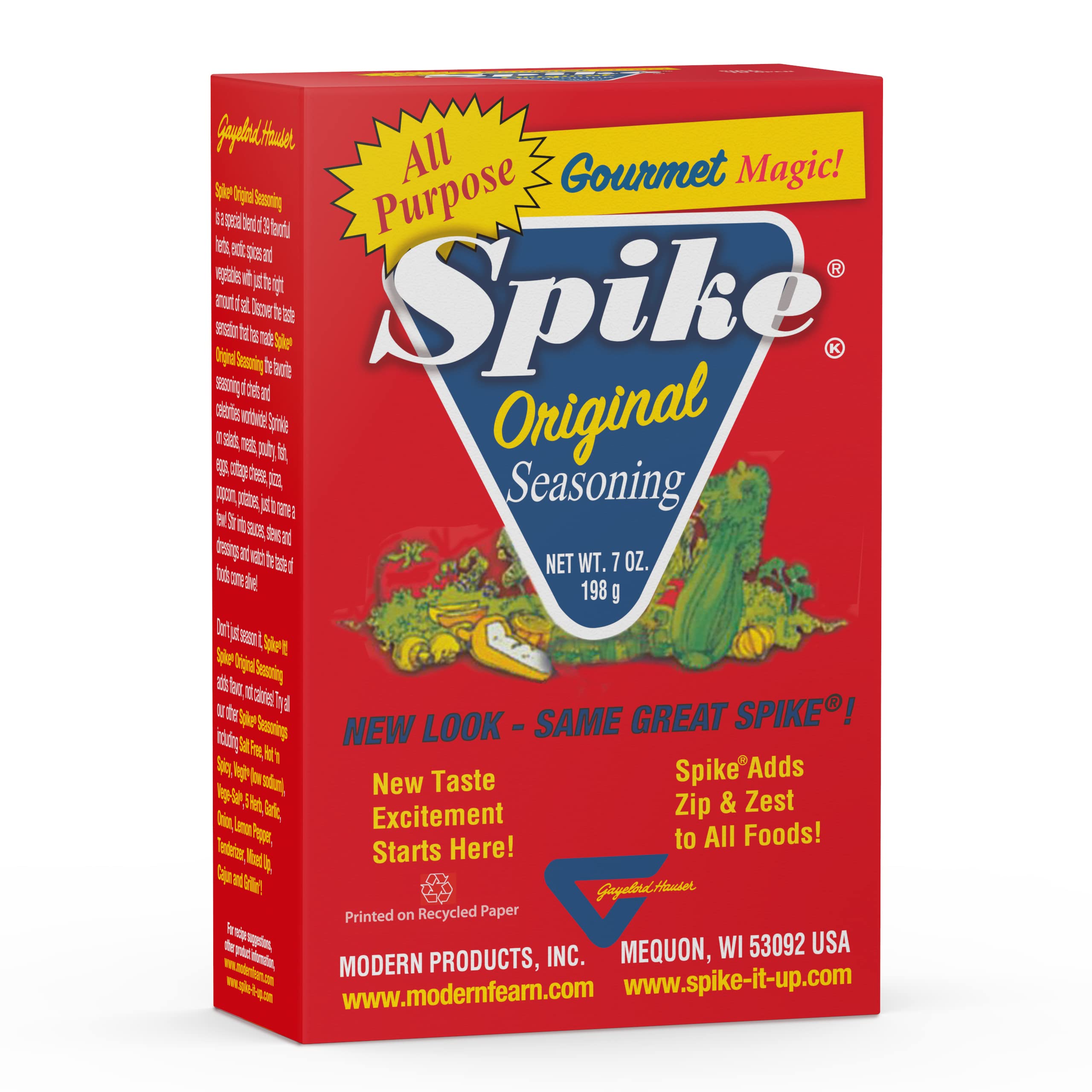 Spike Original Seasoning Salt label highlighting vegan, gluten-free, no added MSG.