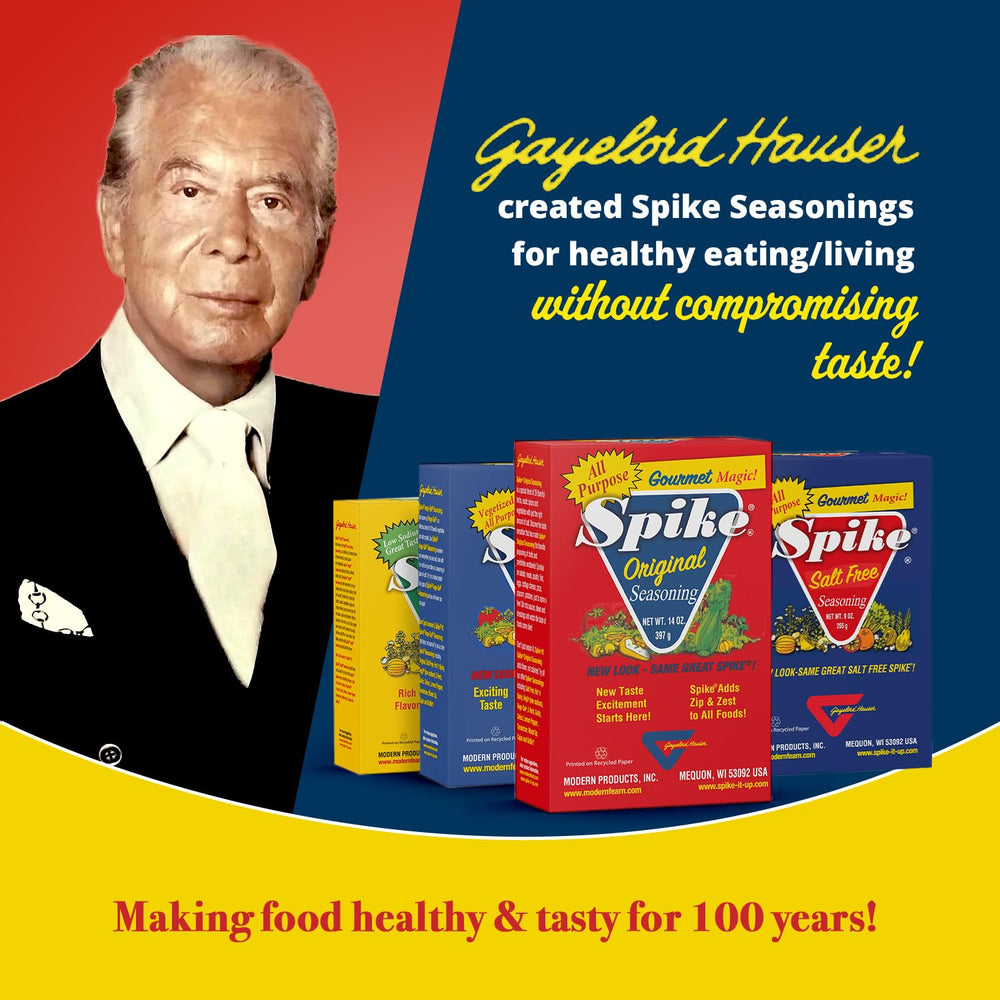 Spike Original Seasoning Salt enhances salads and dips with balanced seasoning.