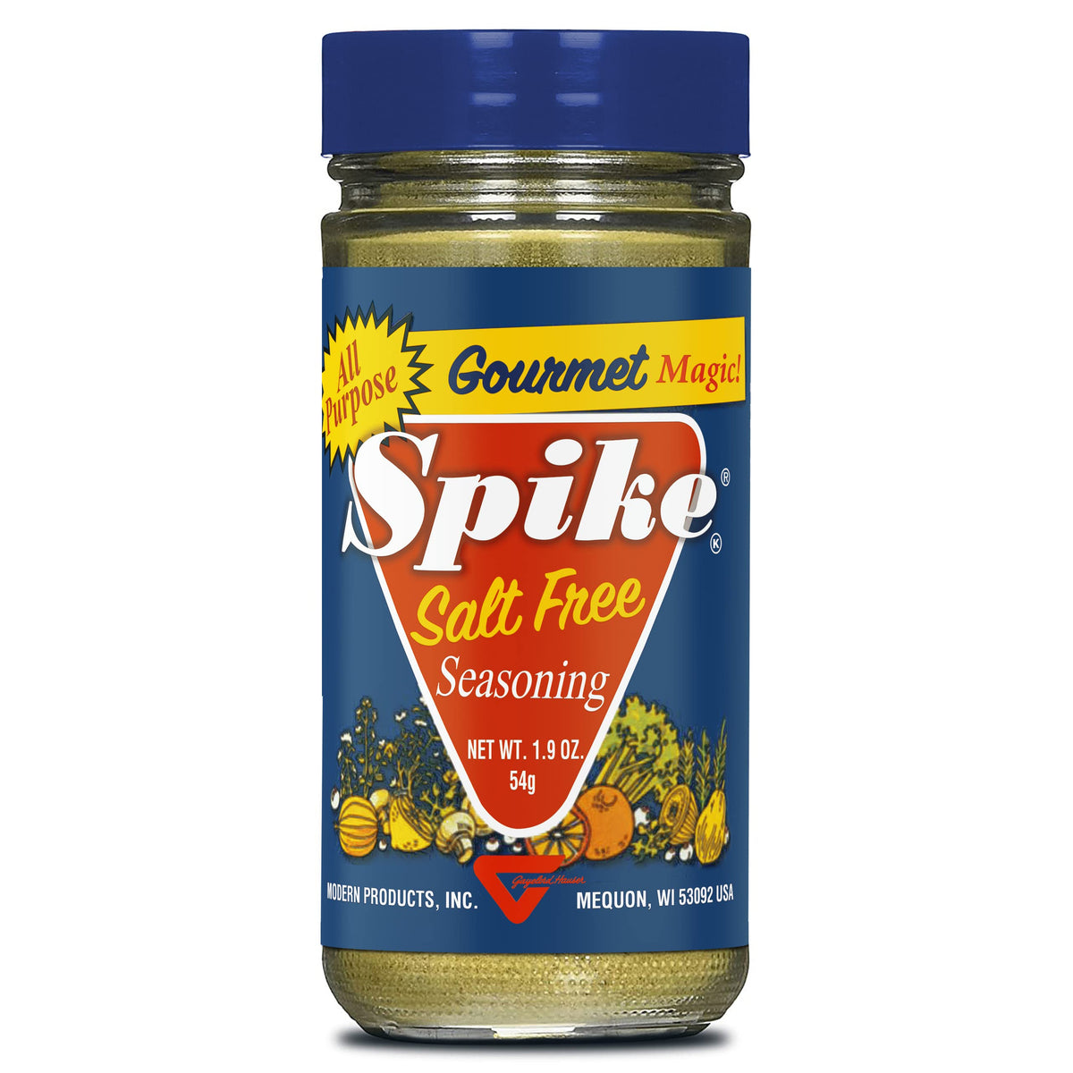 Spike Salt Free Magic bottle front, boosts flavor in low-sodium meals.