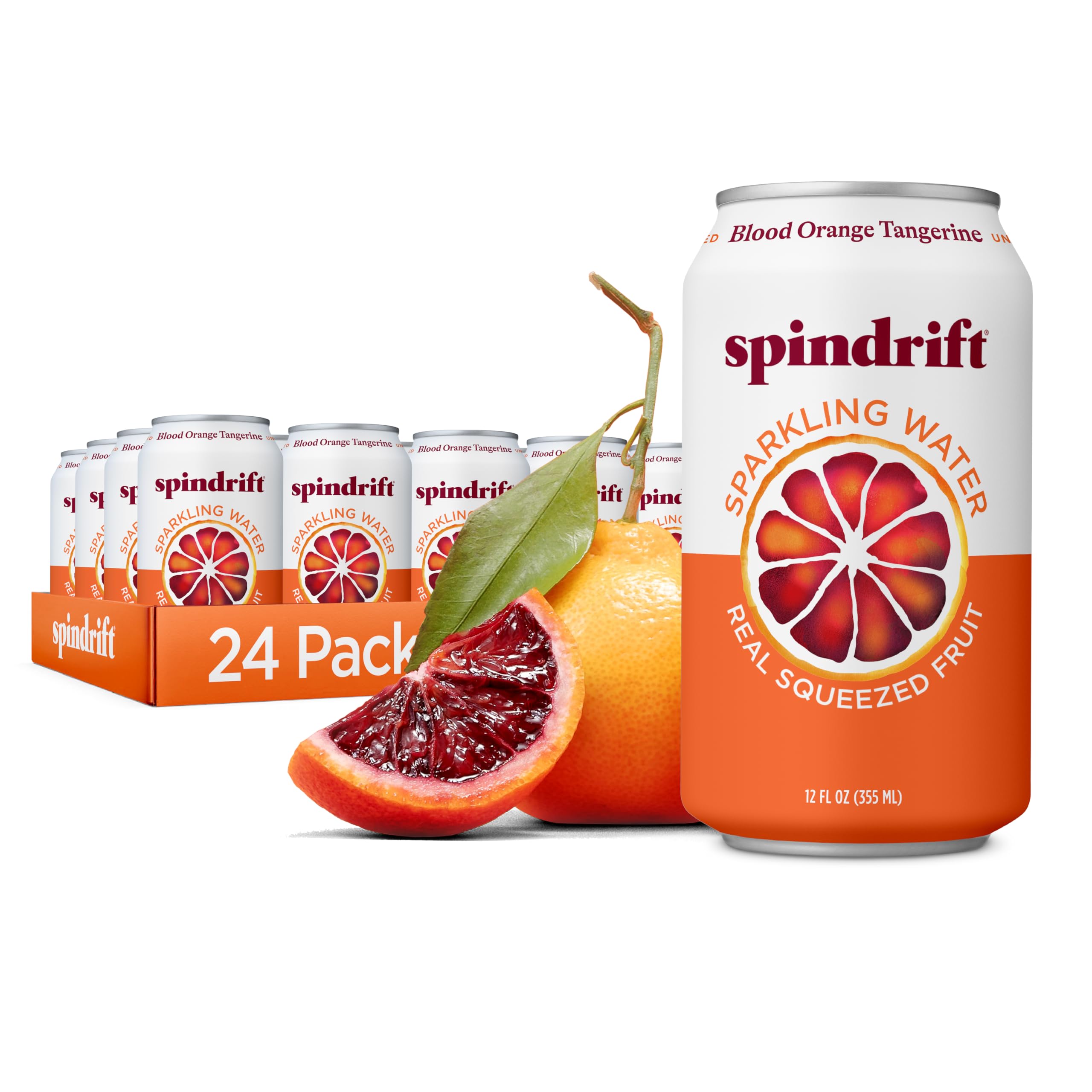 Spindrift blood orange-tangerine 12oz can showing real fruit flavor, a low-calorie refreshment.
