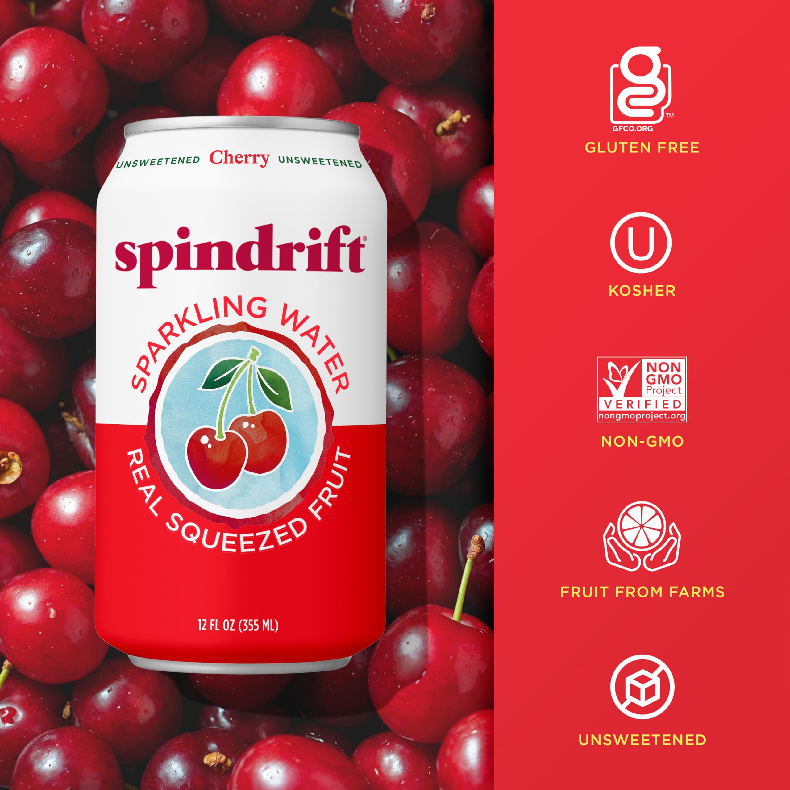 Spindrift label closeup emphasizes U.S. orchard-sourced cherries and no concentrate.
