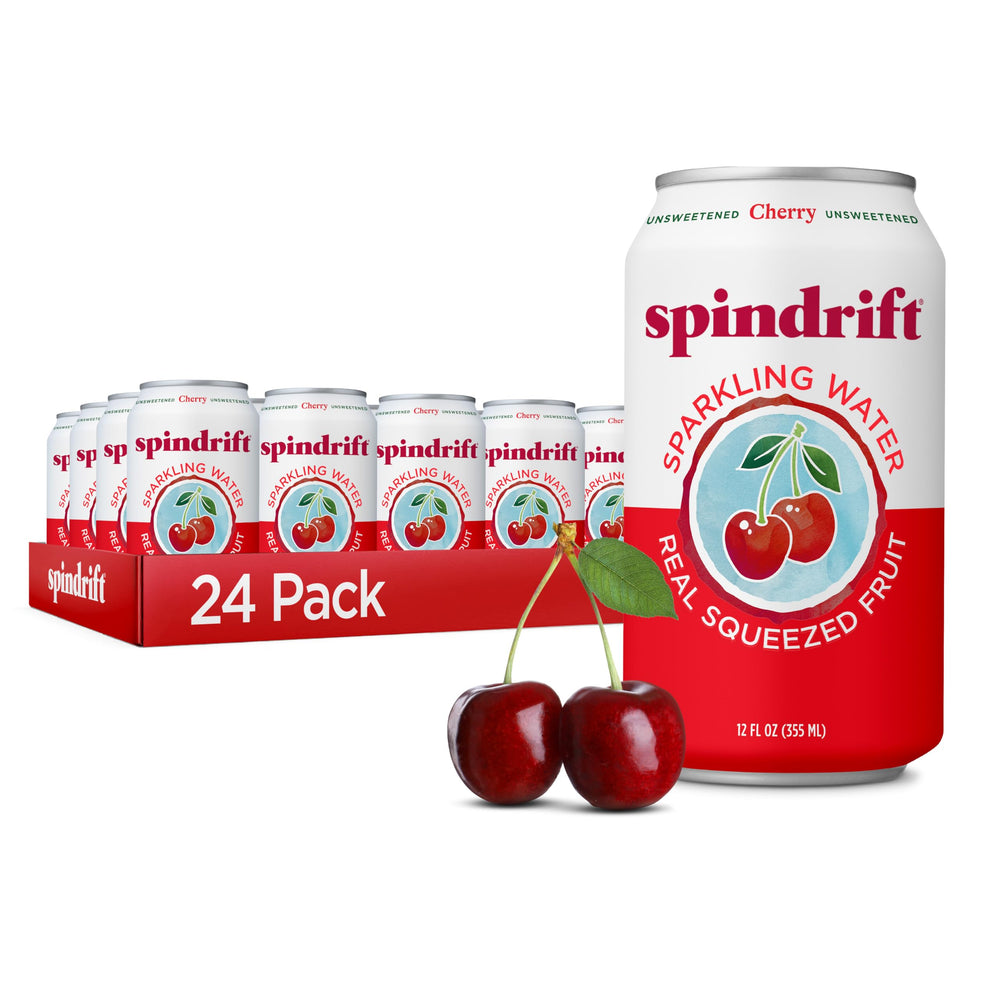 Spindrift Cherry can with real squeezed cherries for natural flavor in every sip.