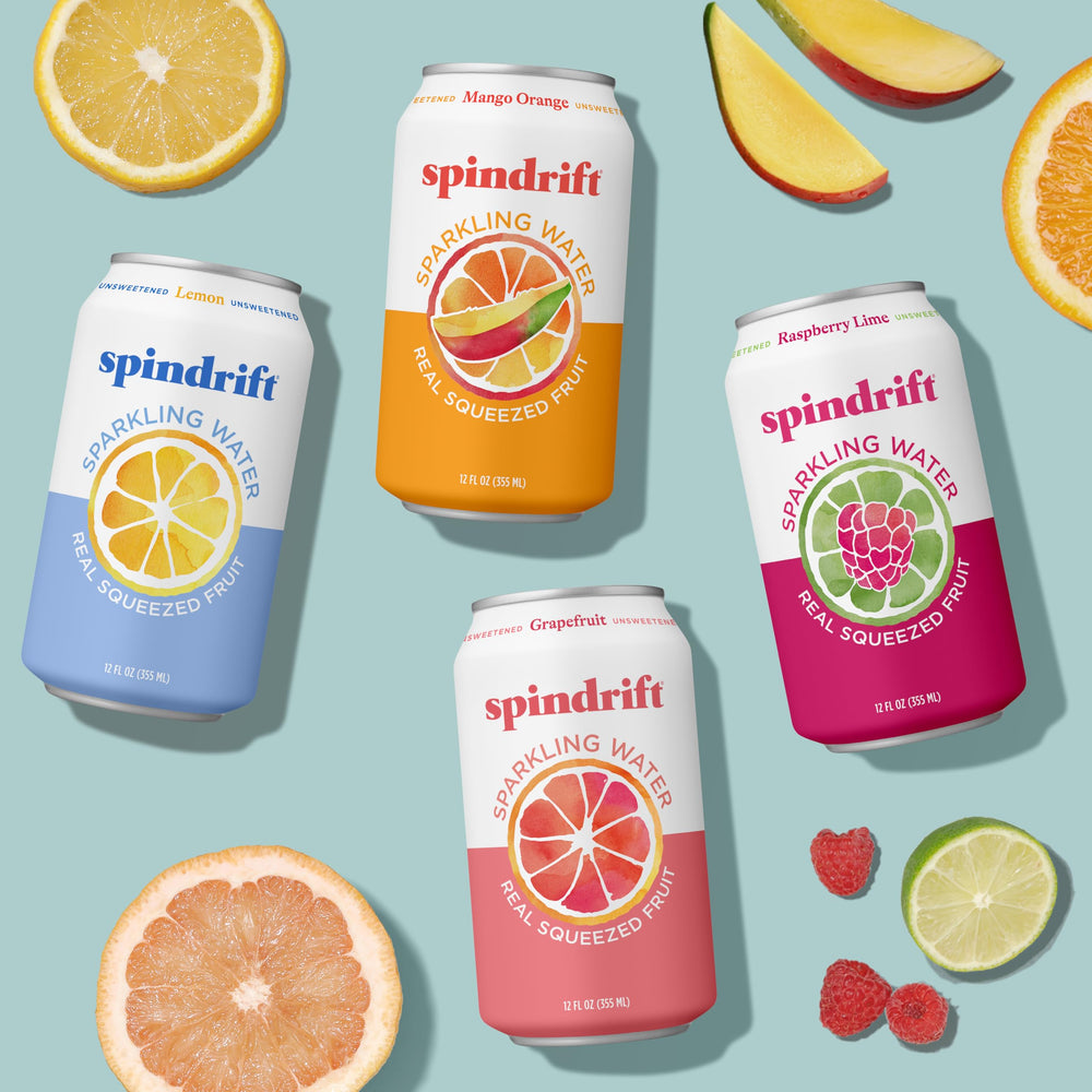 Spindrift can chilling beside a glass, ready to serve over ice