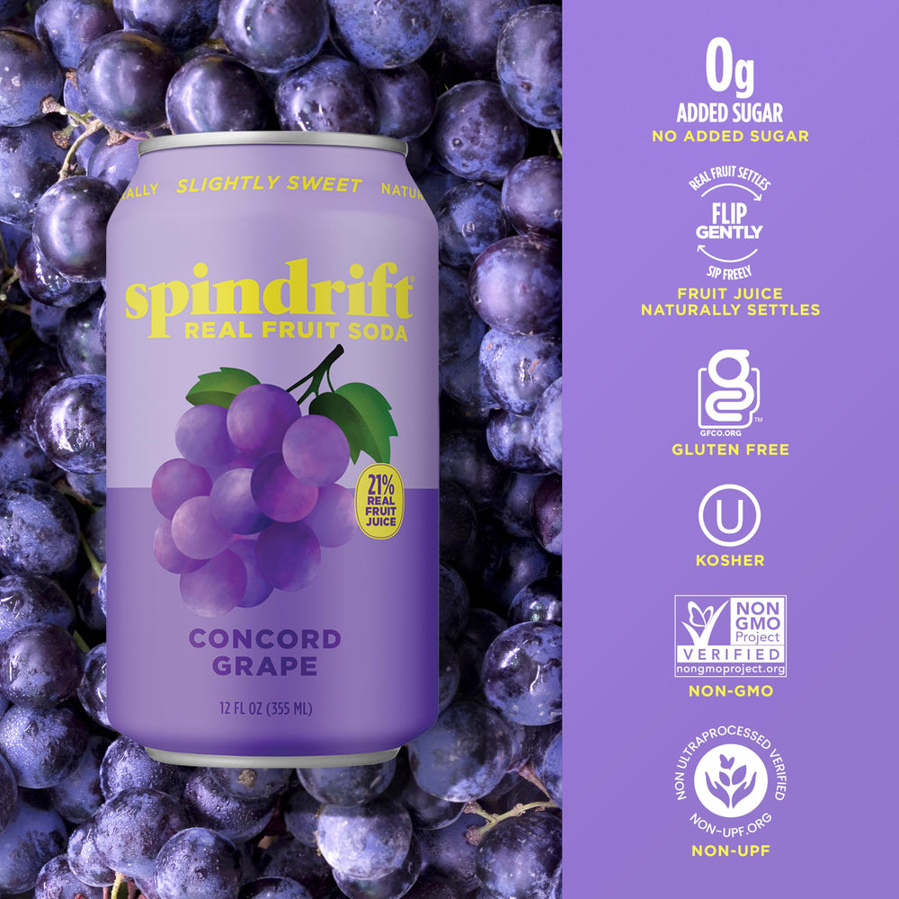 Spindrift Concord Freeze grape juice content close-up highlights 20% juice from real fruit