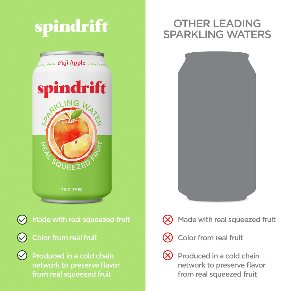 Close-up of Spindrift Fuji Apple label with gluten-free and kosher marks