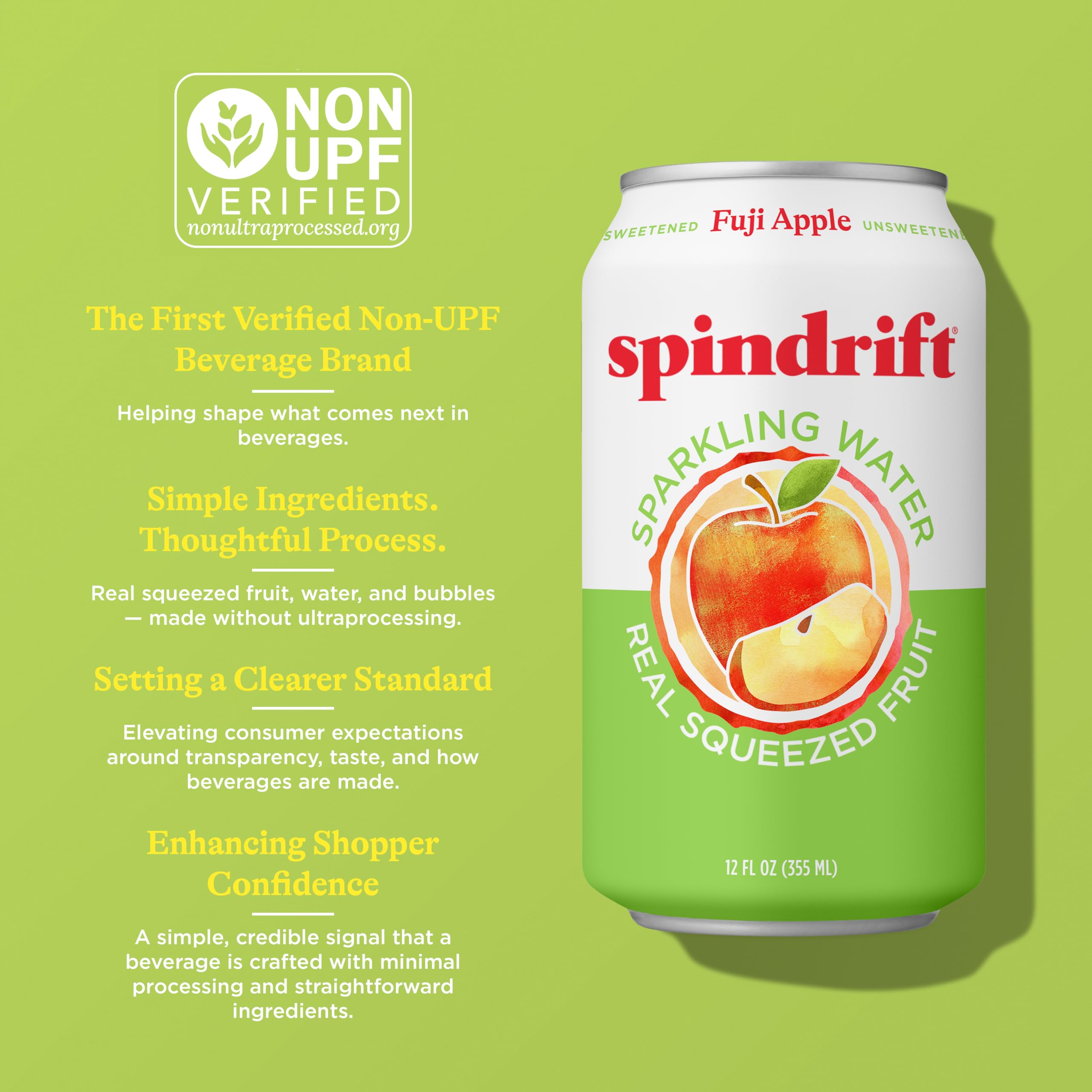 Spindrift Fuji Apple can on shelf highlighting no sugar added option.