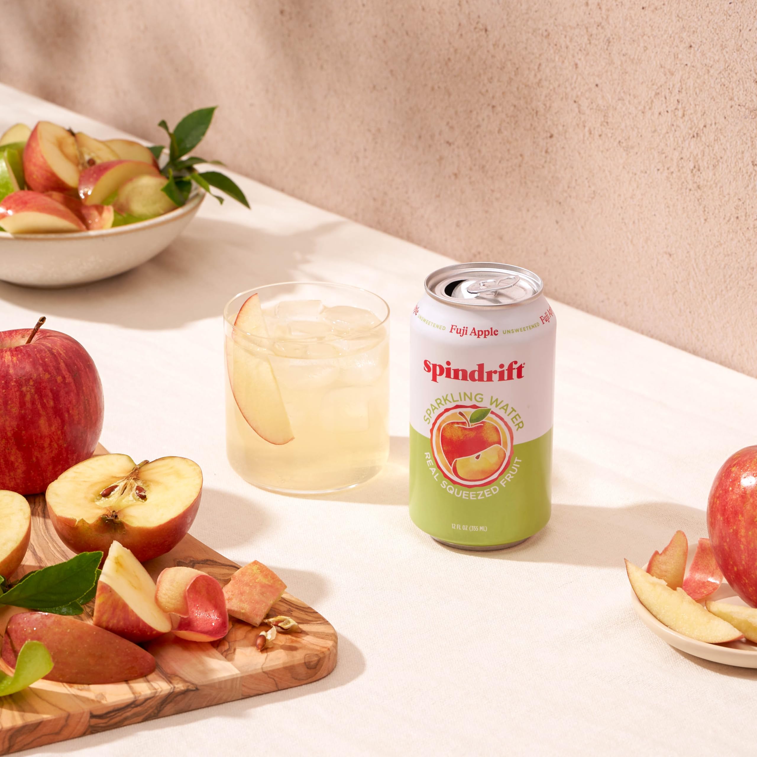 Nutrition panel on Spindrift Fuji Apple can highlighting calories and juice content