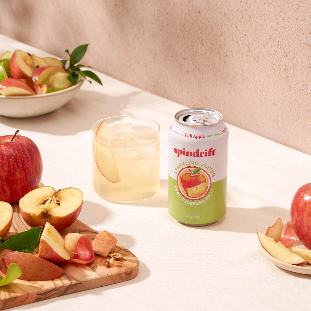 Nutrition panel on Spindrift Fuji Apple can highlighting calories and juice content
