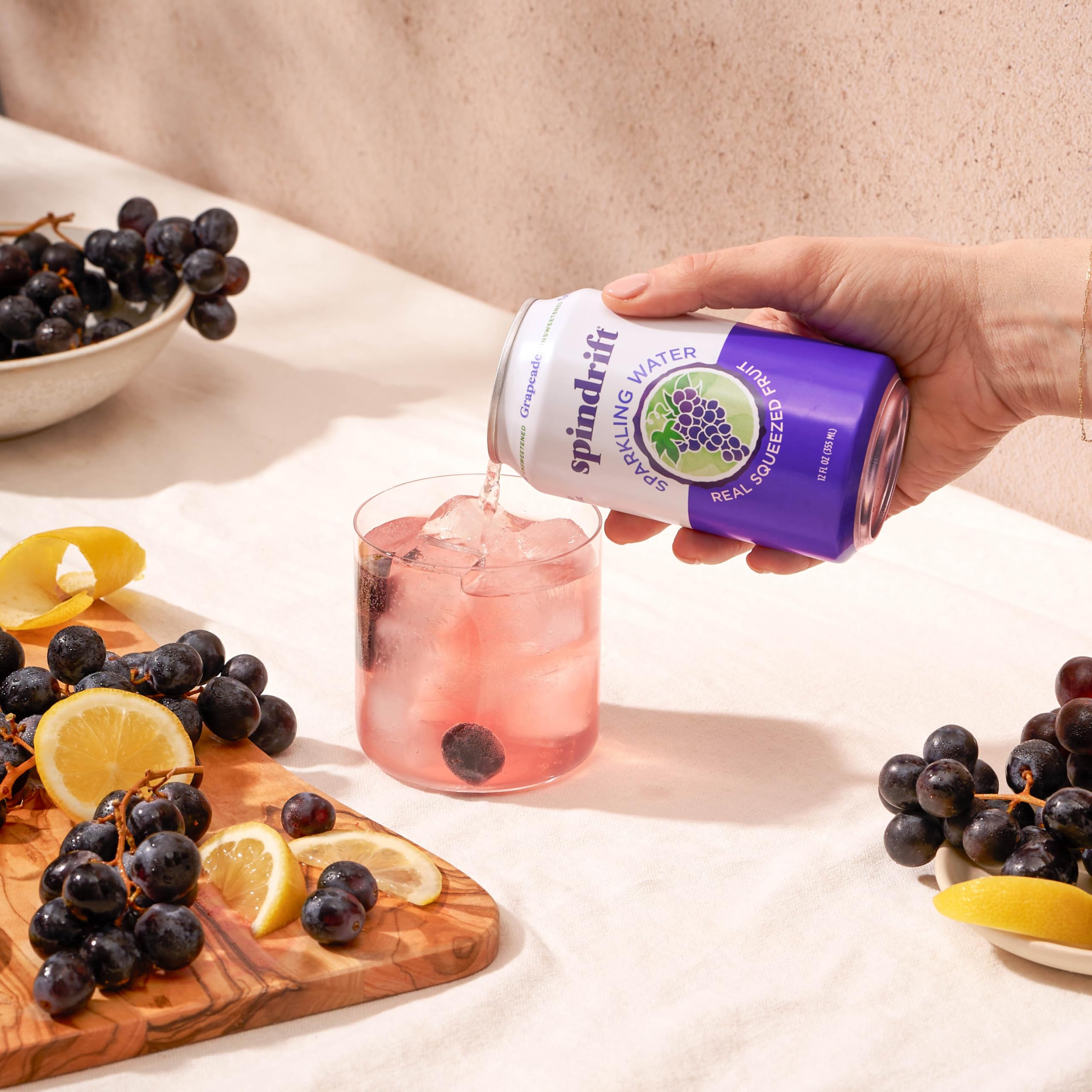 Spindrift Grapeade bubbles convey a refreshing sparkling water sensation