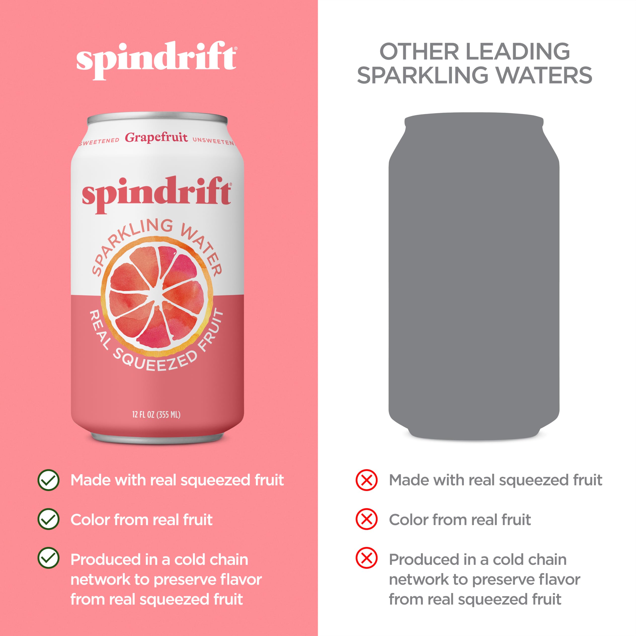 Spindrift Grapefruit 24-can pack emphasizes convenient, unsweetened mixer option.
