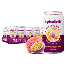 Spindrift Island Punch can on table, real fruit flavor