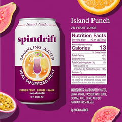 Spindrift Island Punch glass beside can, refreshing fruity break