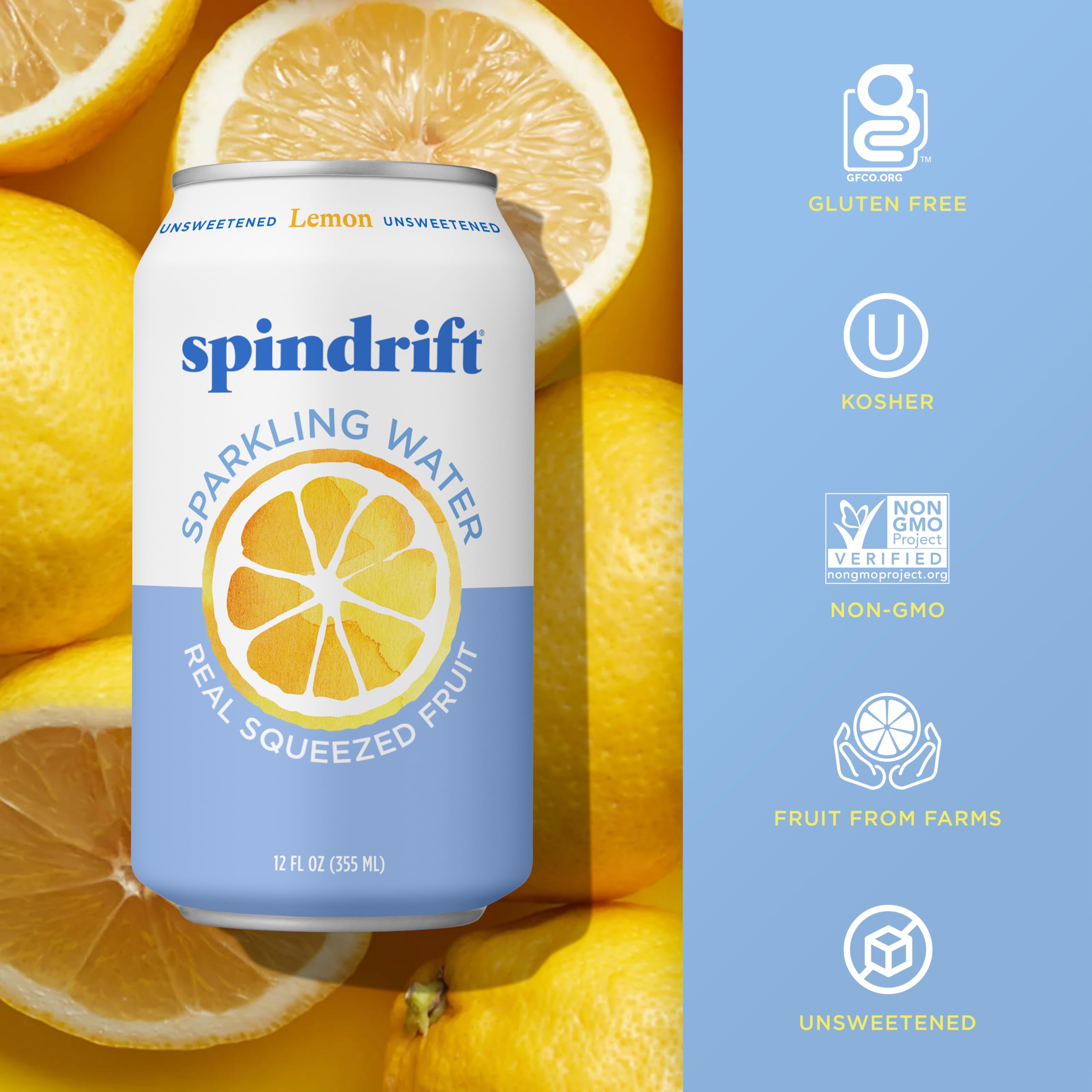 Spindrift Lemon displayed in a fridge, part of a 24-can pack.