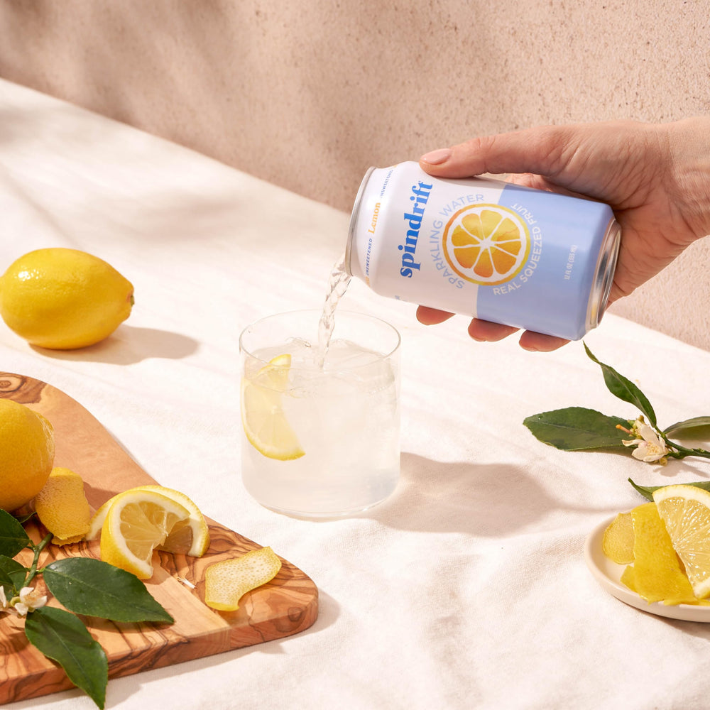 Real lemons visible on the Spindrift Lemon label for simple ingredients.