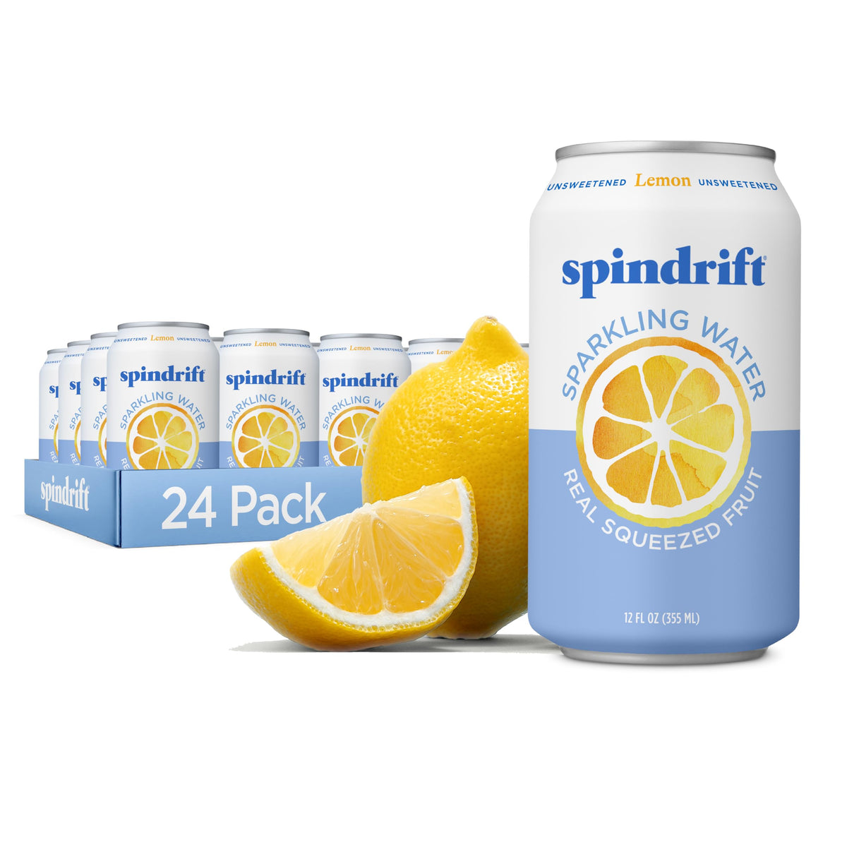Spindrift Lemon can on ice showcases real lemon flavor.