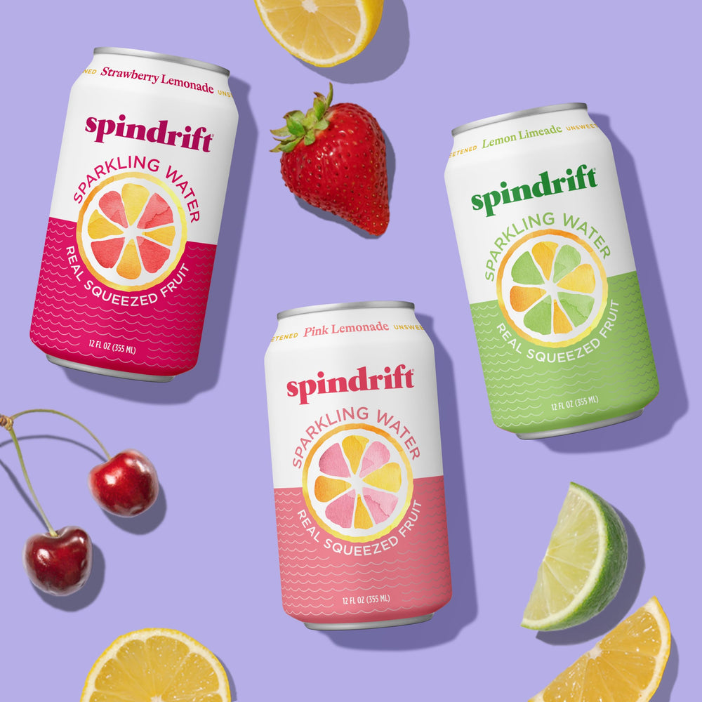 Spindrift Lemonade 3 Flavor Variety 20 Pack closeup showing real fruit bits