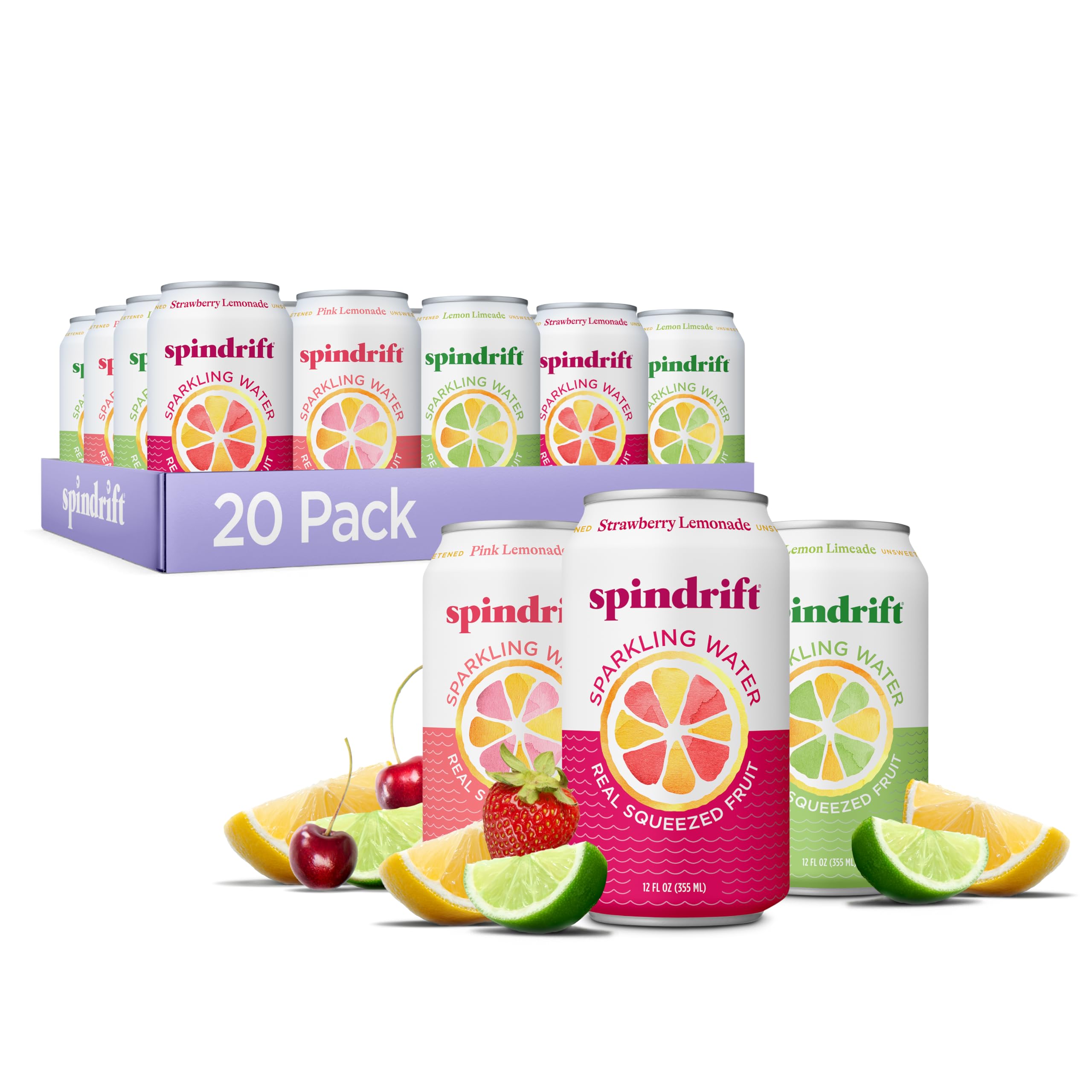 Spindrift Lemonade 3 Flavor Variety 20 Pack lineup of unsweetened real-fruit cans
