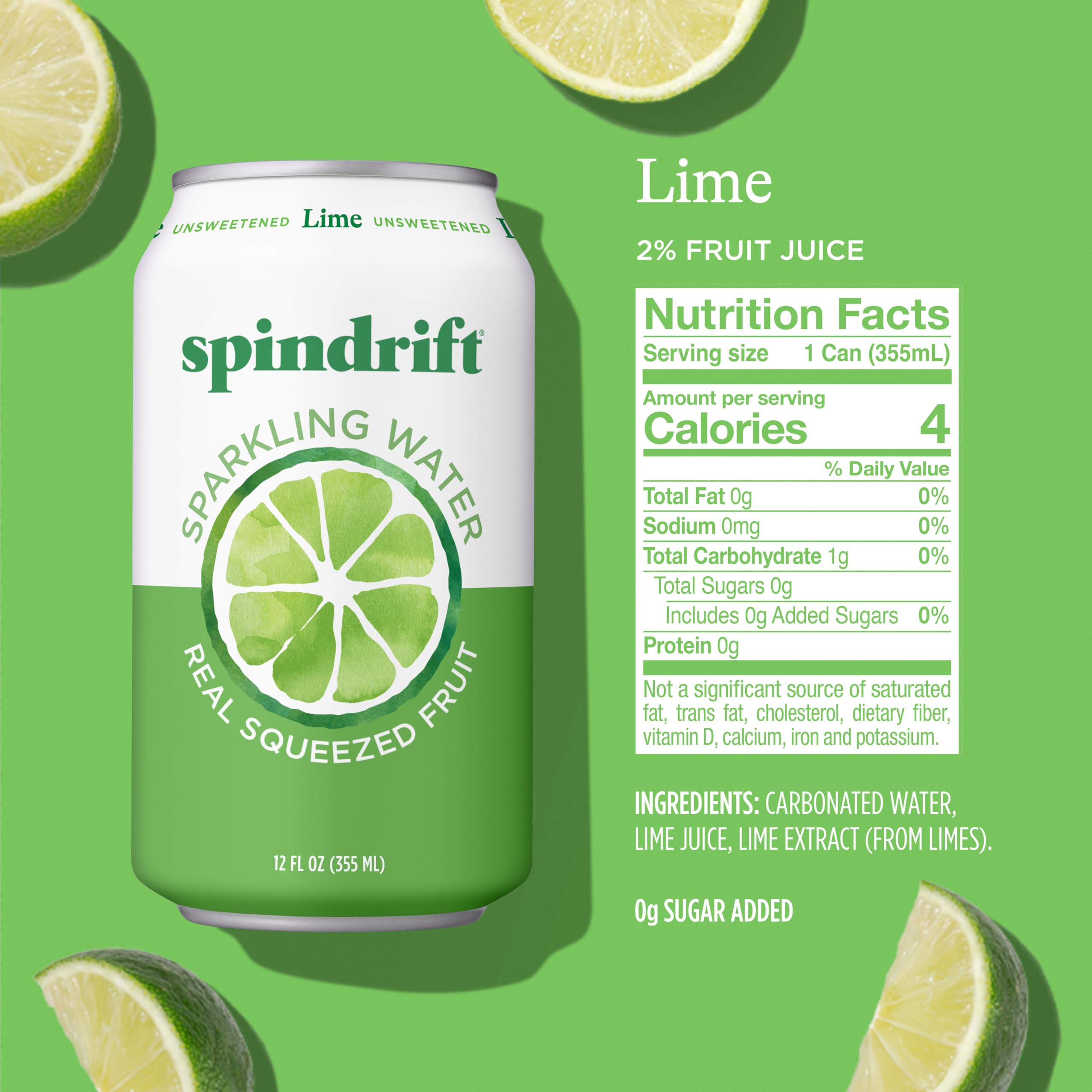 Spindrift lime can close-up showing real juice content.