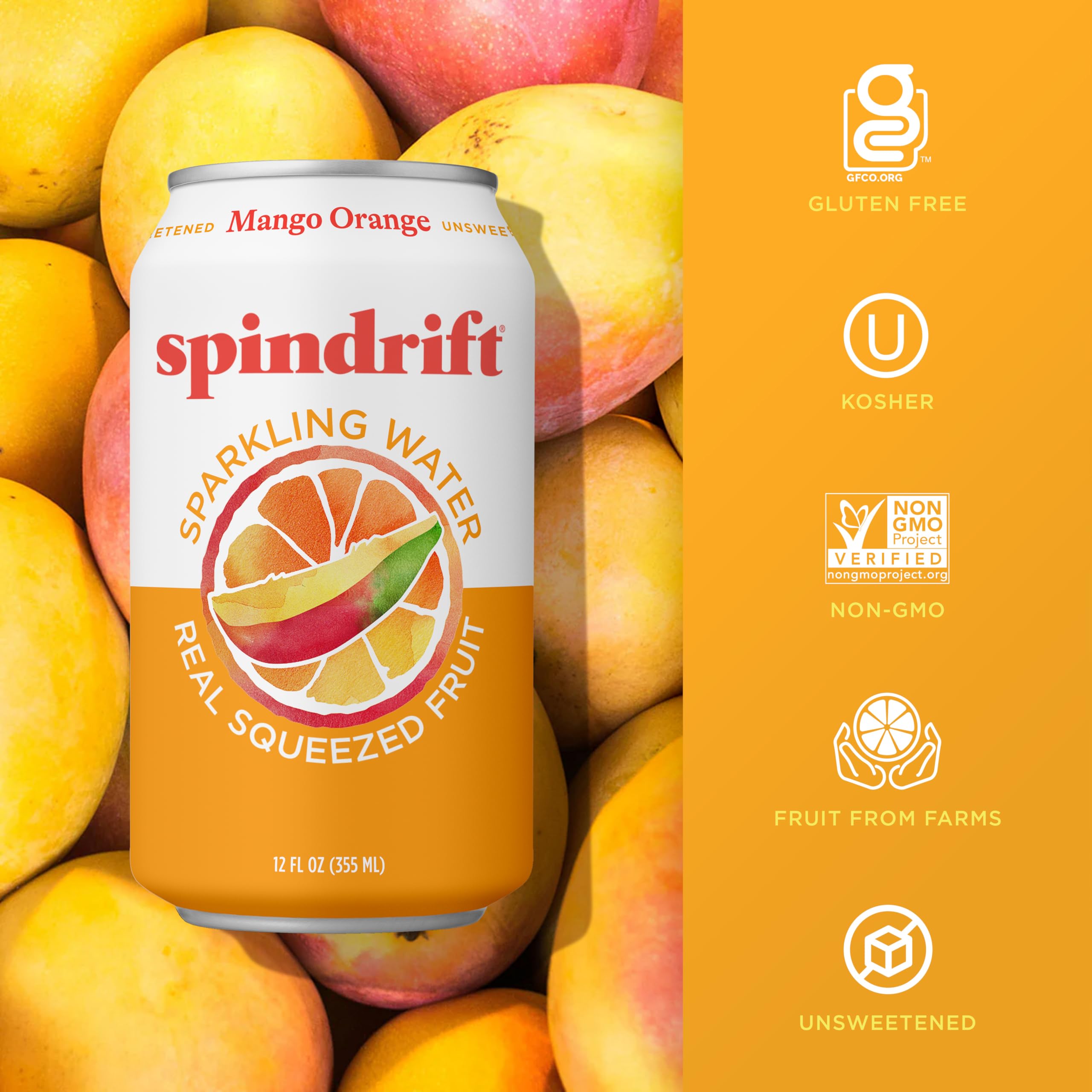 Spindrift Mango Orange sparkling farm-sourcing concept emphasizing natural ingredients.