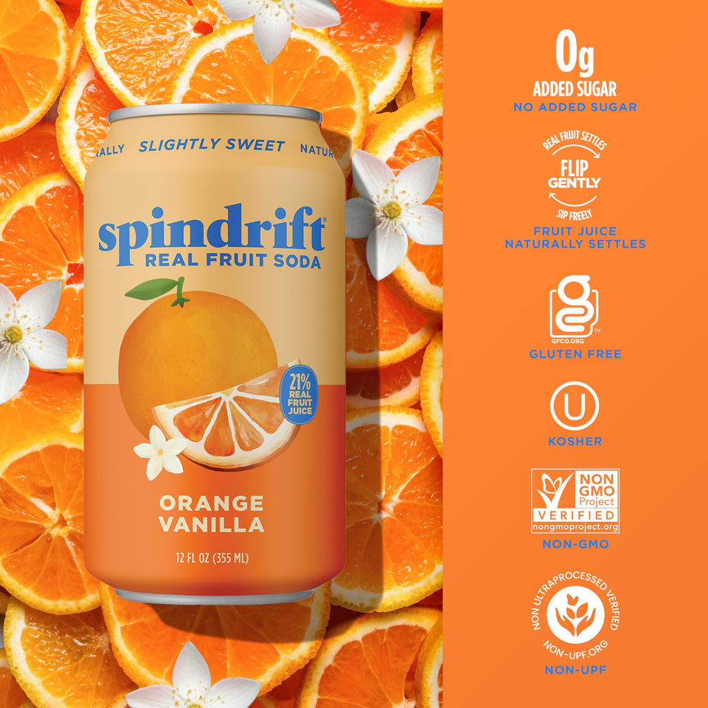 Spindrift Orange Cream Float 12-pack display for craft-quality fruit soda