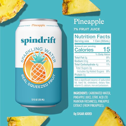 Spindrift Pineapple Sparkling Water label close-up highlighting natural ingredients.