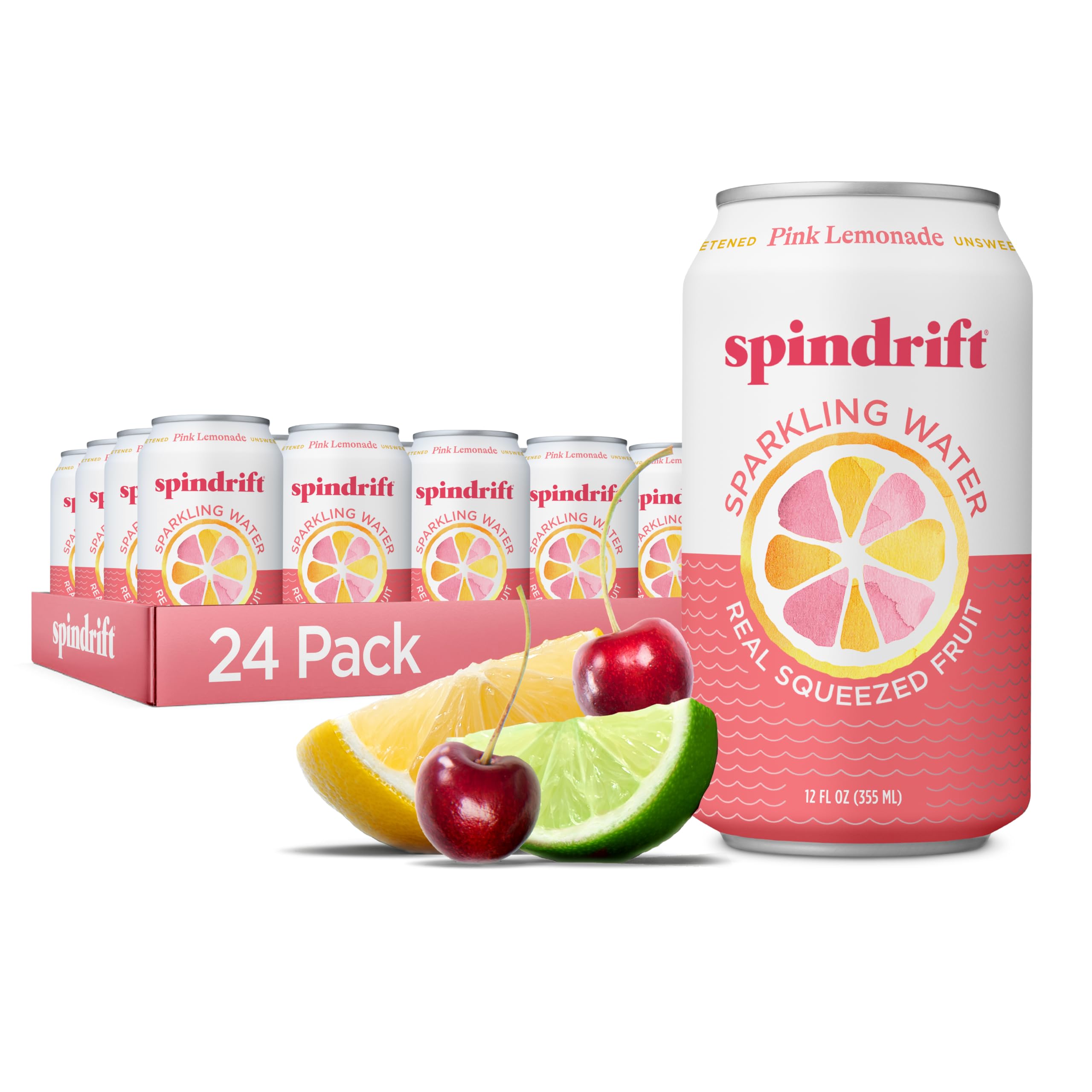 Spindrift Pink Lemonade can front view highlighting real fruit flavor and vibrant pink color
