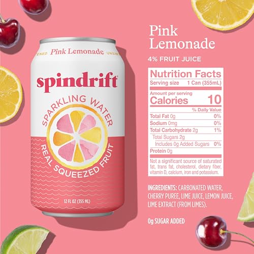 Spindrift Pink Lemonade can side angle showing compact 12-ounce size for on-the-go refreshment