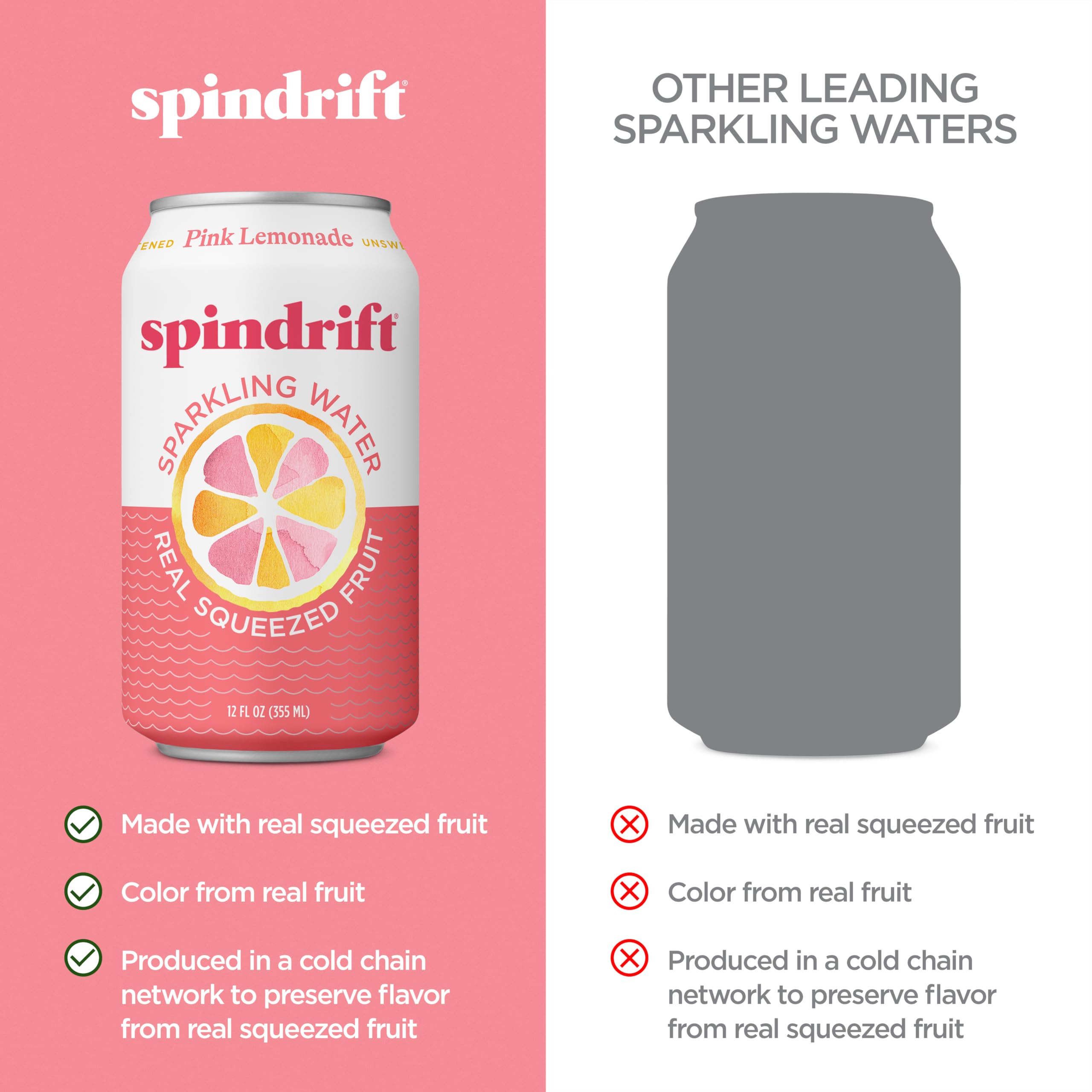 Close up of Spindrift Pink Lemonade label highlights real fruit juice and clean ingredients