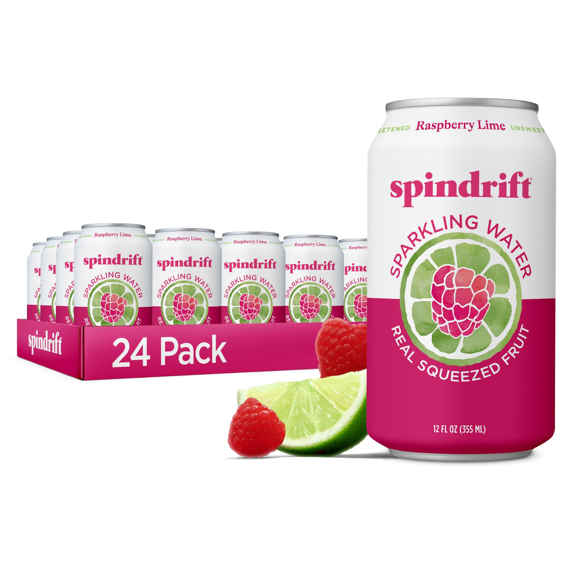 Spindrift Raspberry Lime can front showing real fruit flavor for refreshing sips
