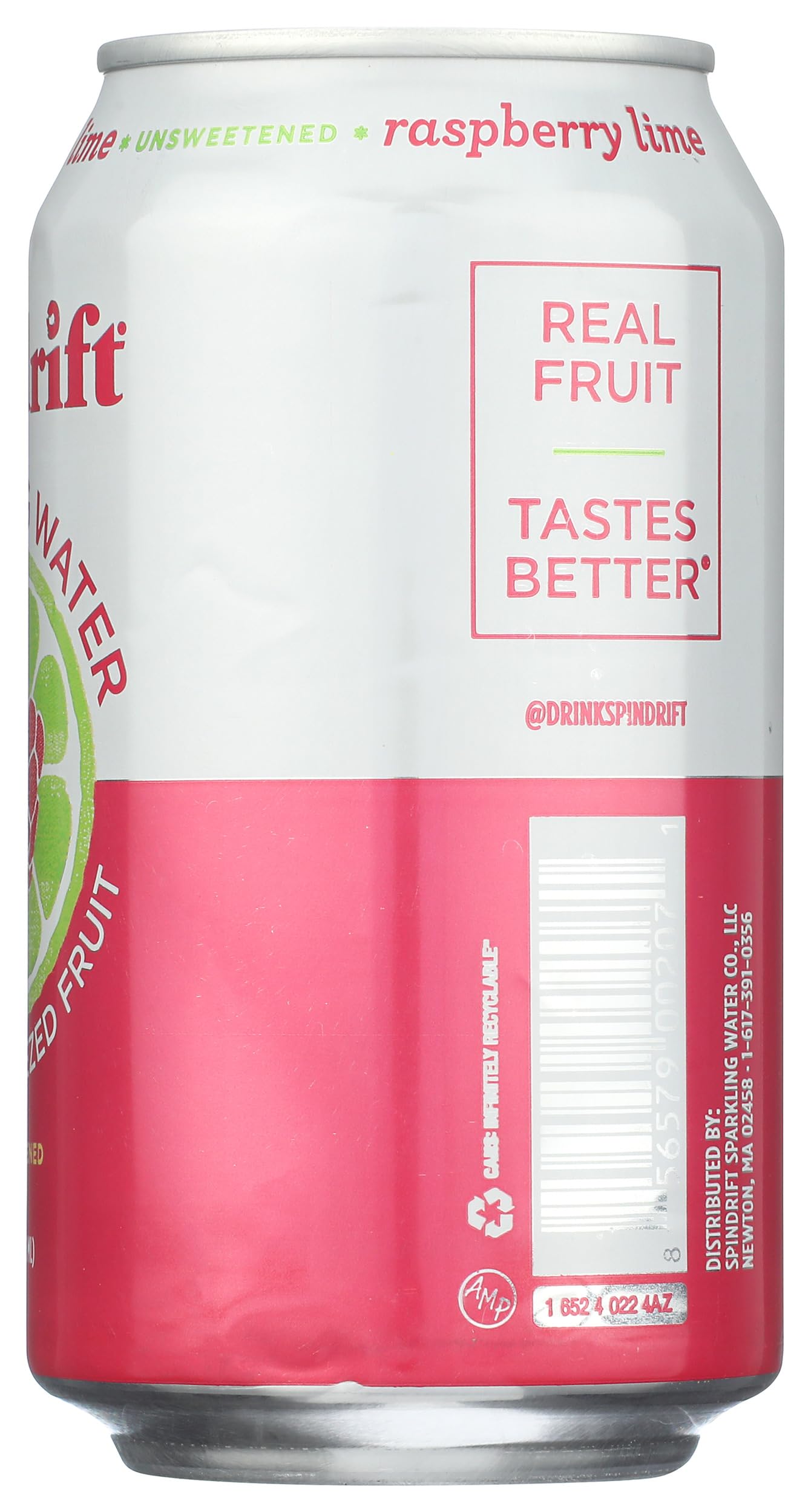 Spindrift Raspberry Lime ingredients panel highlights non-GMO and Whole30-friendly features.