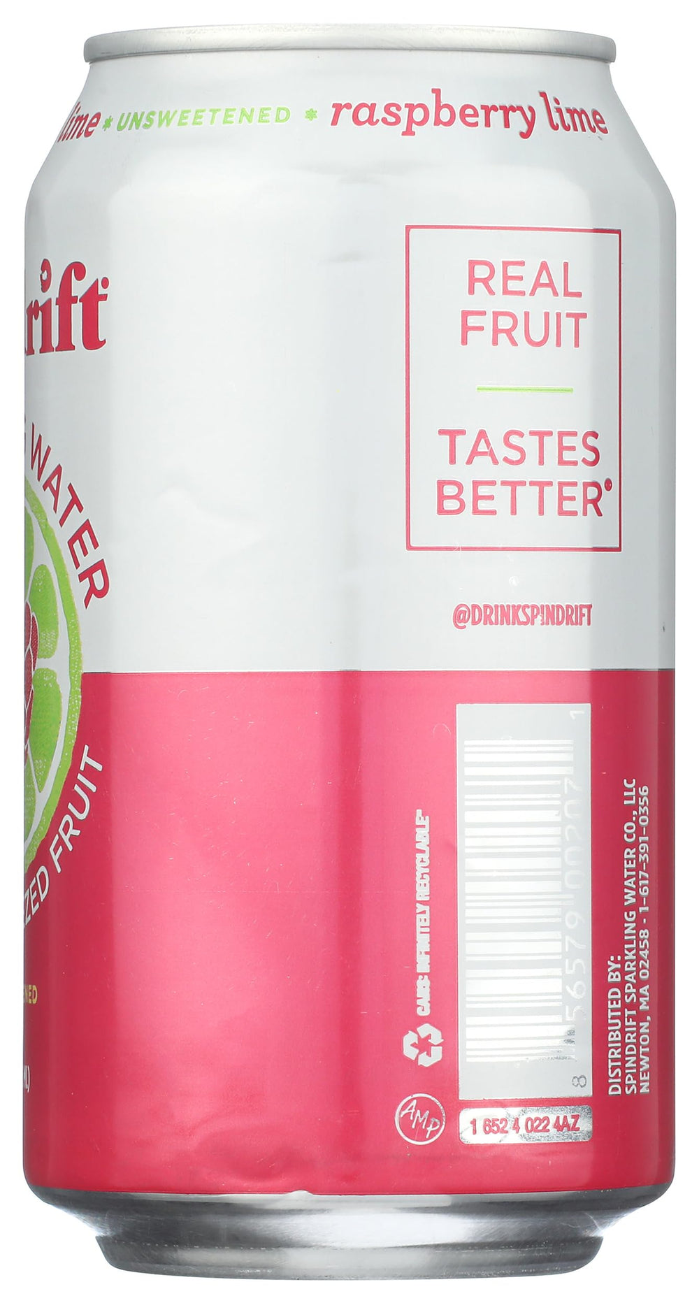 Spindrift Raspberry Lime ingredients panel highlights non-GMO and Whole30-friendly features.